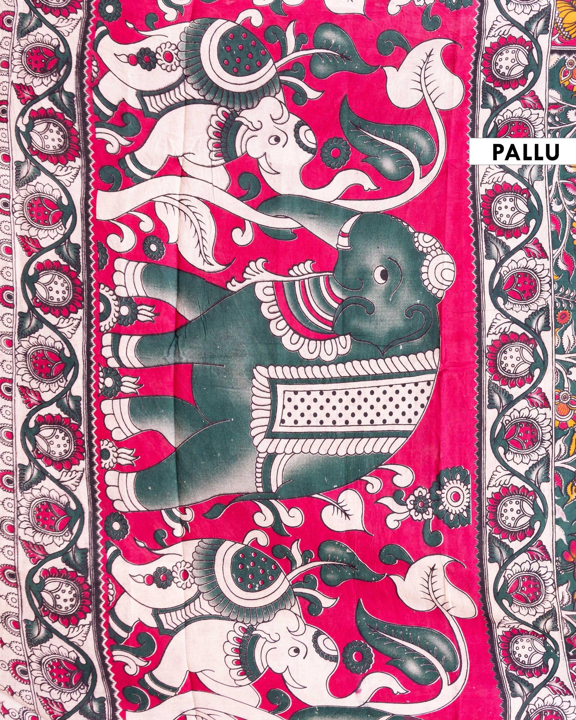 Traditional Handloom Kalamkari Cotton Saree with Intricate Floral and Avian Motifs - Dark Green