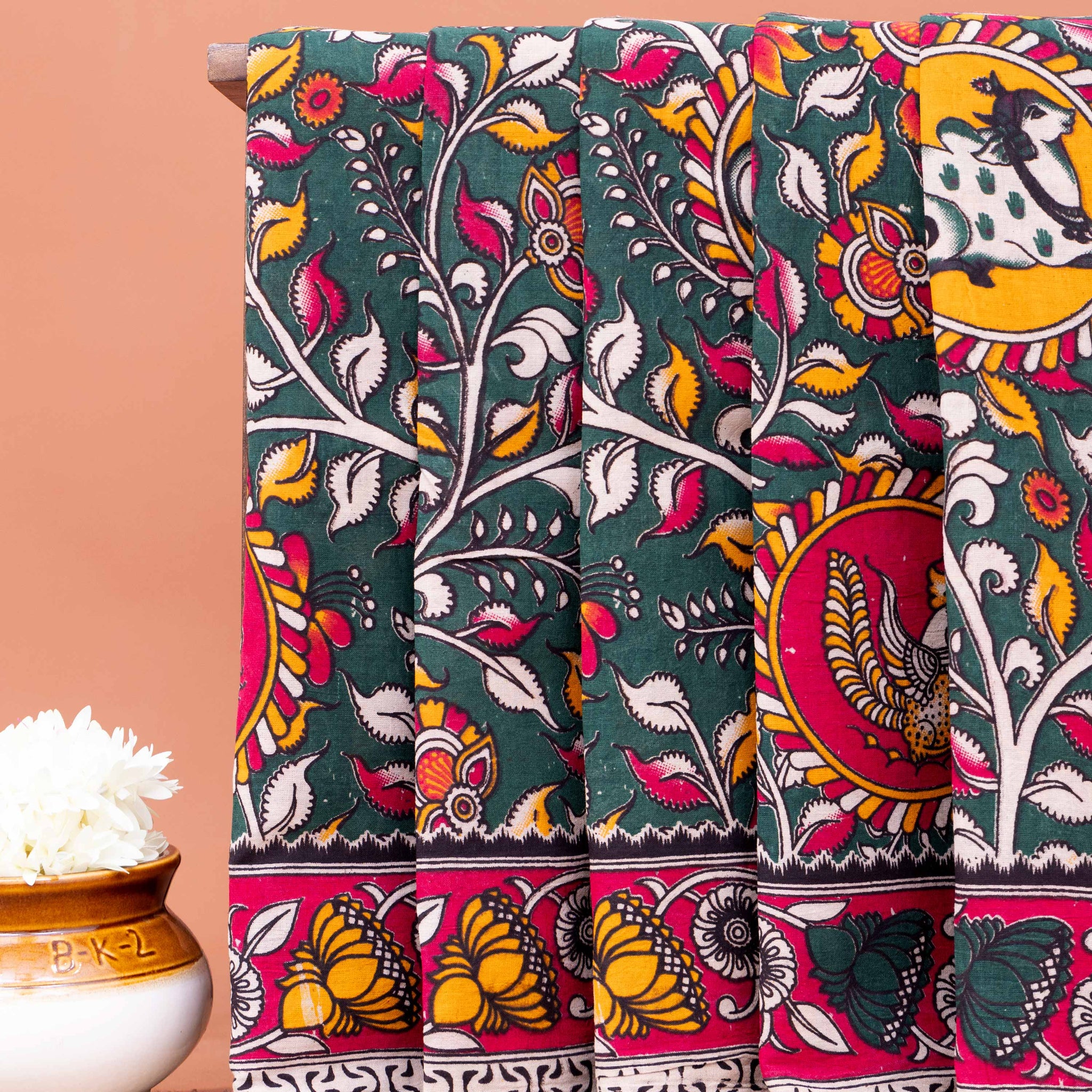 Traditional Handloom Kalamkari Cotton Saree with Intricate Floral and Avian Motifs - Dark Green