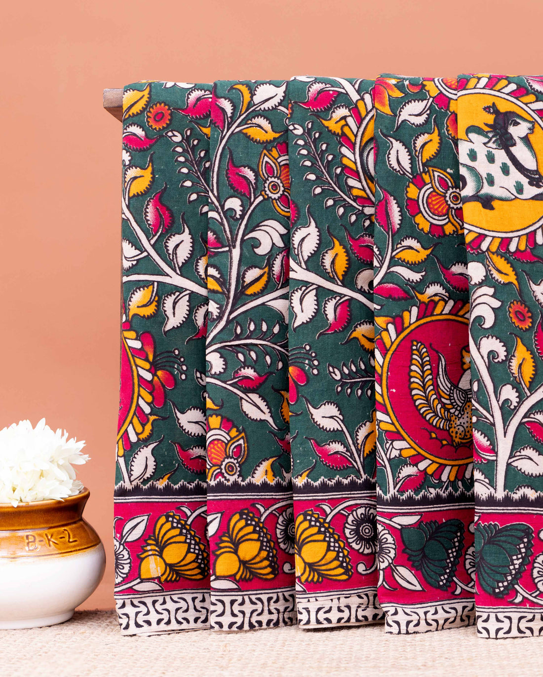 Traditional Handloom Kalamkari Cotton Saree with Intricate Floral and Avian Motifs - Dark Green