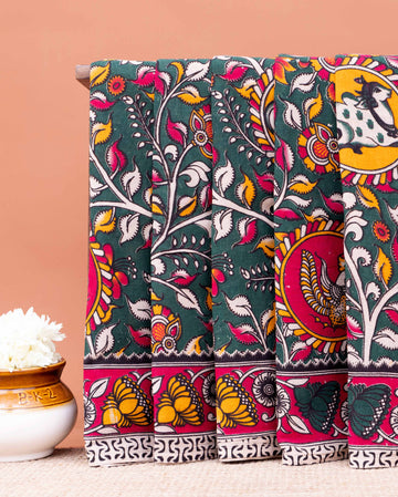 Traditional Handloom Kalamkari Cotton Saree with Intricate Floral and Avian Motifs - Dark Green