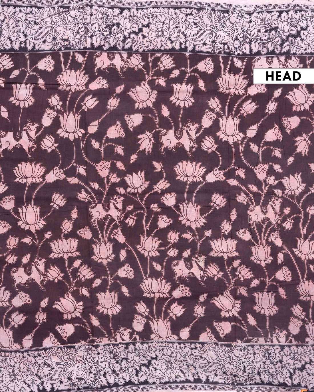 Traditional Handloom Kalamkari Cotton Saree with Intricate Lotus and Animal Motifs - Dark Brown