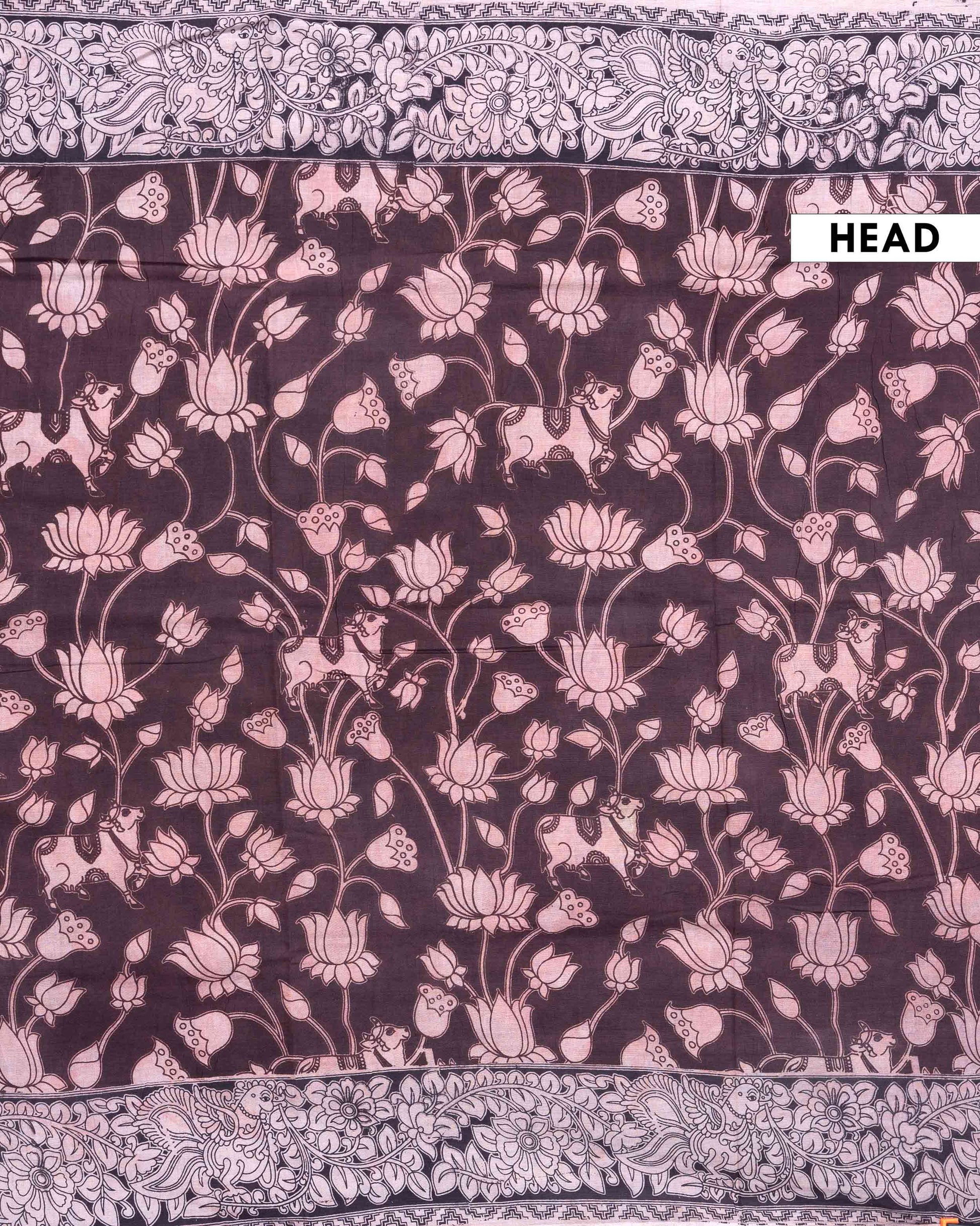 Traditional Handloom Kalamkari Cotton Saree with Intricate Lotus and Animal Motifs - Dark Brown