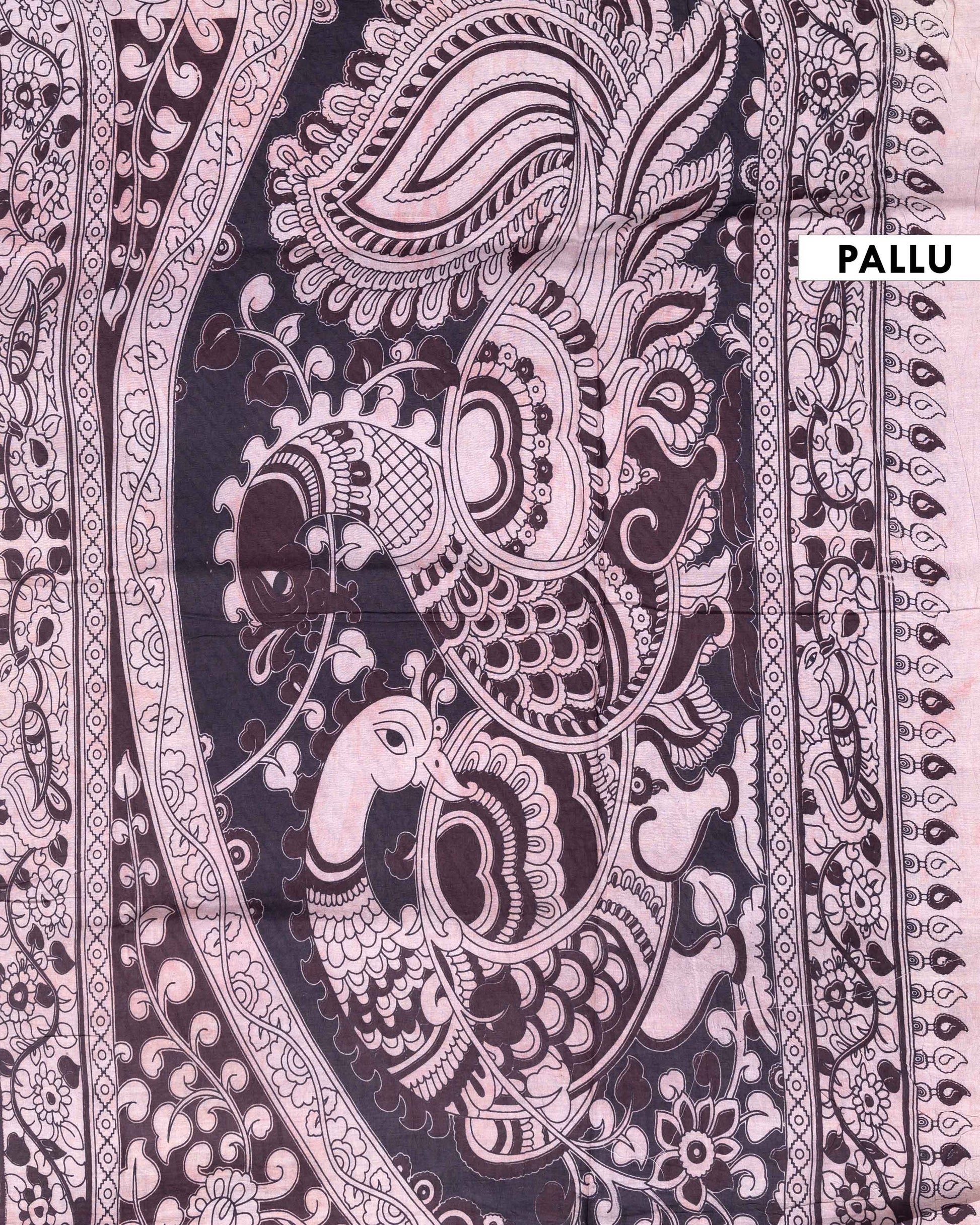 Traditional Handloom Kalamkari Cotton Saree with Intricate Lotus and Animal Motifs - Dark Brown