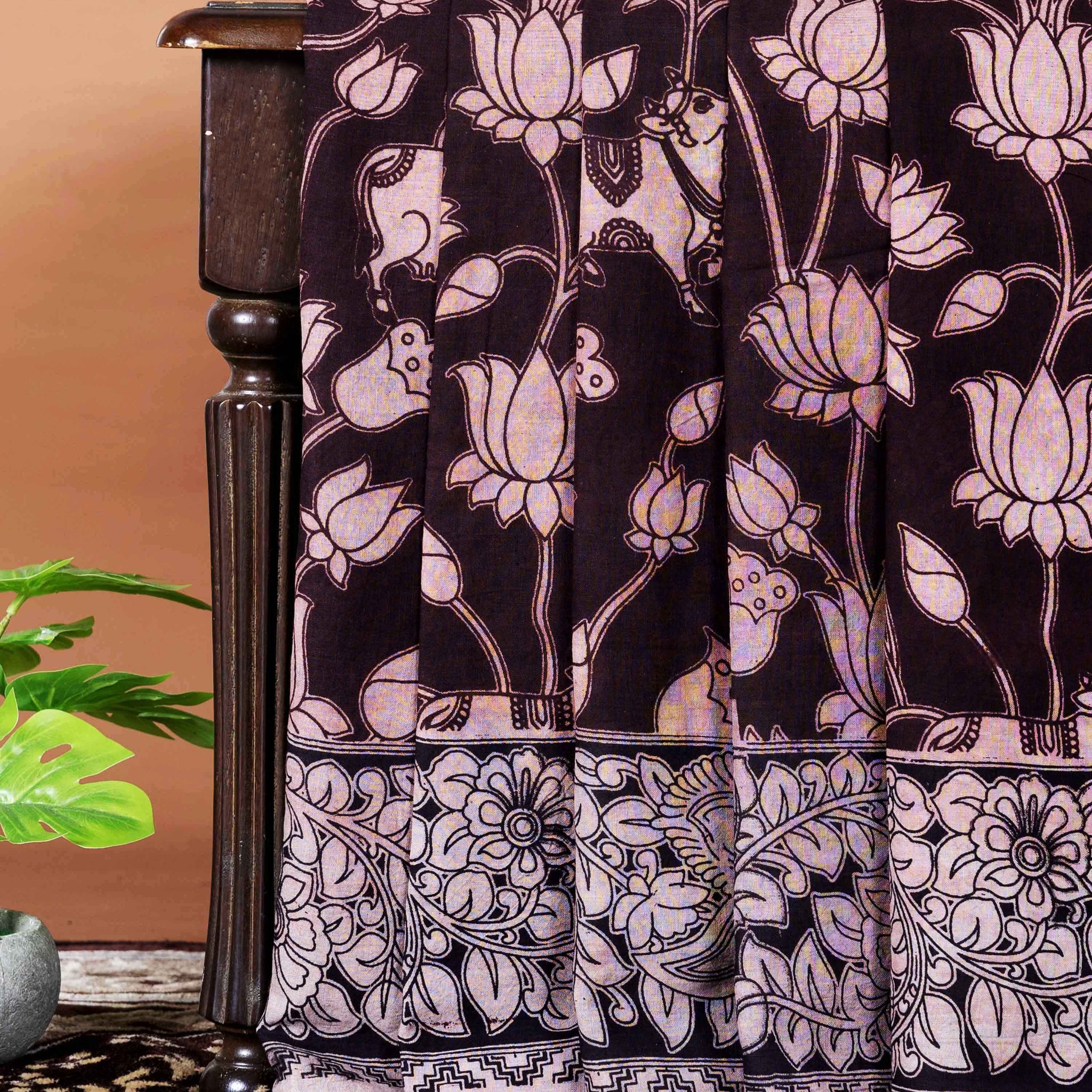 Traditional Handloom Kalamkari Cotton Saree with Intricate Lotus and Animal Motifs - Dark Brown