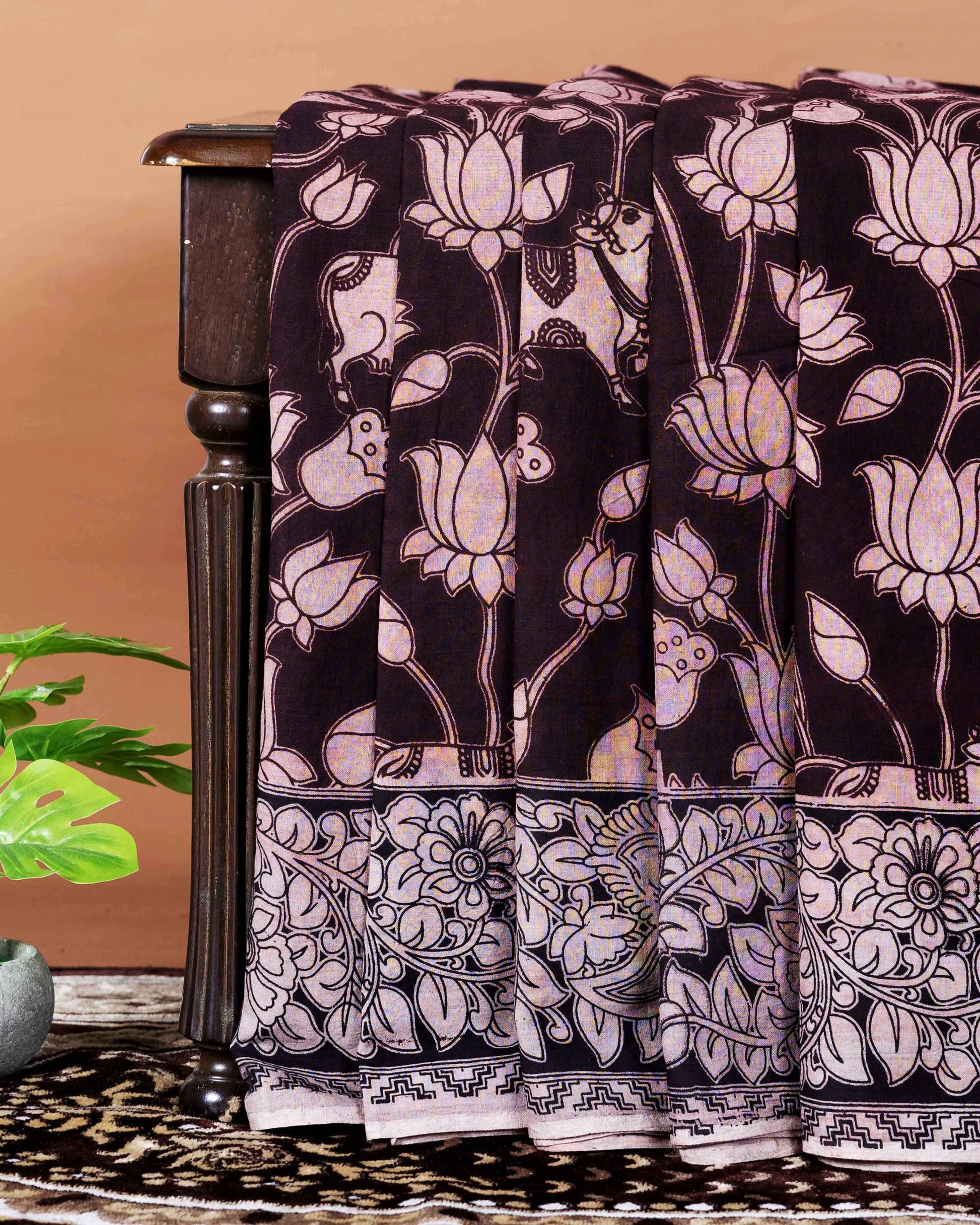 Traditional Handloom Kalamkari Cotton Saree with Intricate Lotus and Animal Motifs - Dark Brown