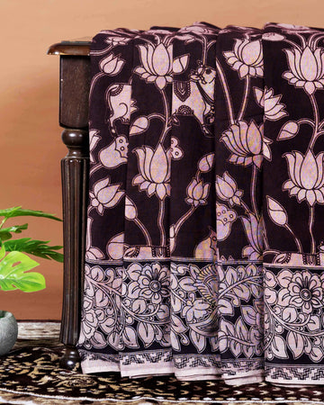 Traditional Handloom Kalamkari Cotton Saree with Intricate Lotus and Animal Motifs - Dark Brown