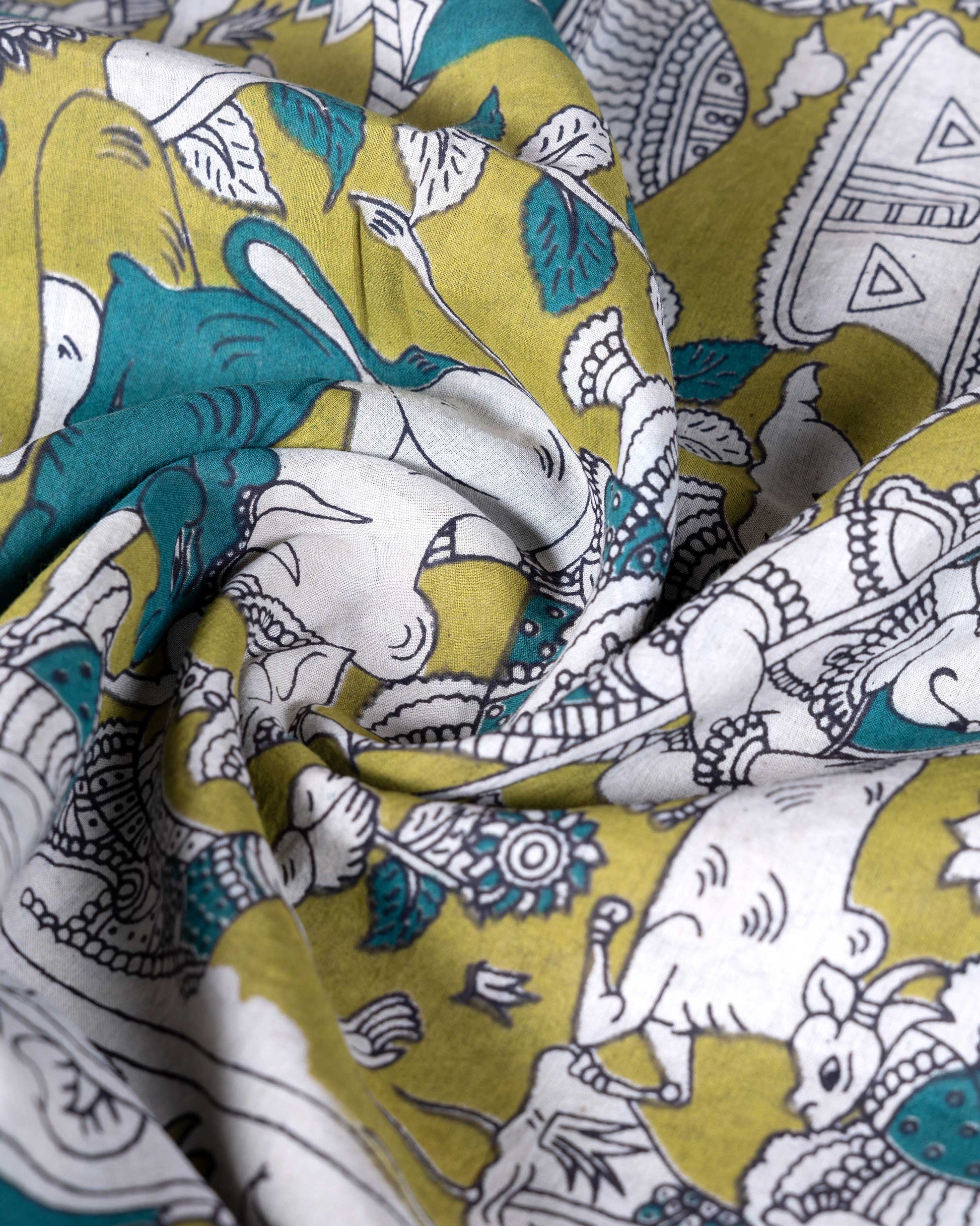 Traditional Handloom Kalamkari Cotton Saree with Intricate Mythological and Tribal Motifs - Green