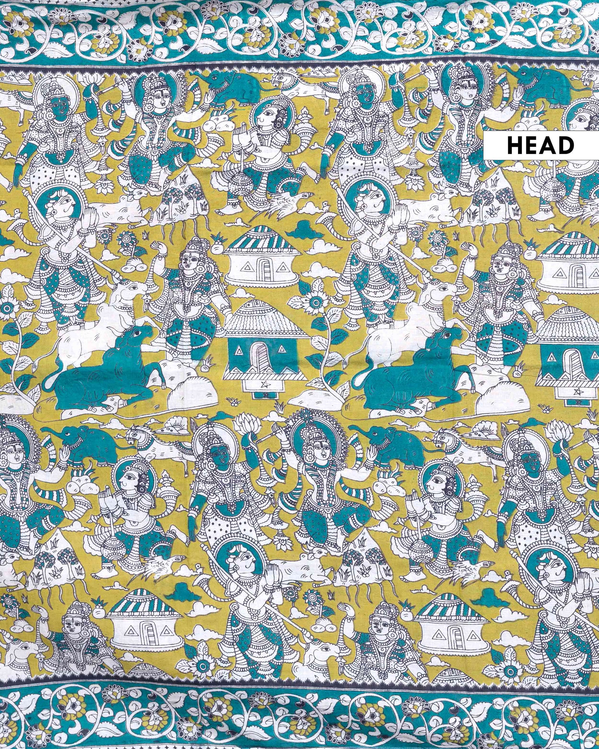 Traditional Handloom Kalamkari Cotton Saree with Intricate Mythological and Tribal Motifs - Green