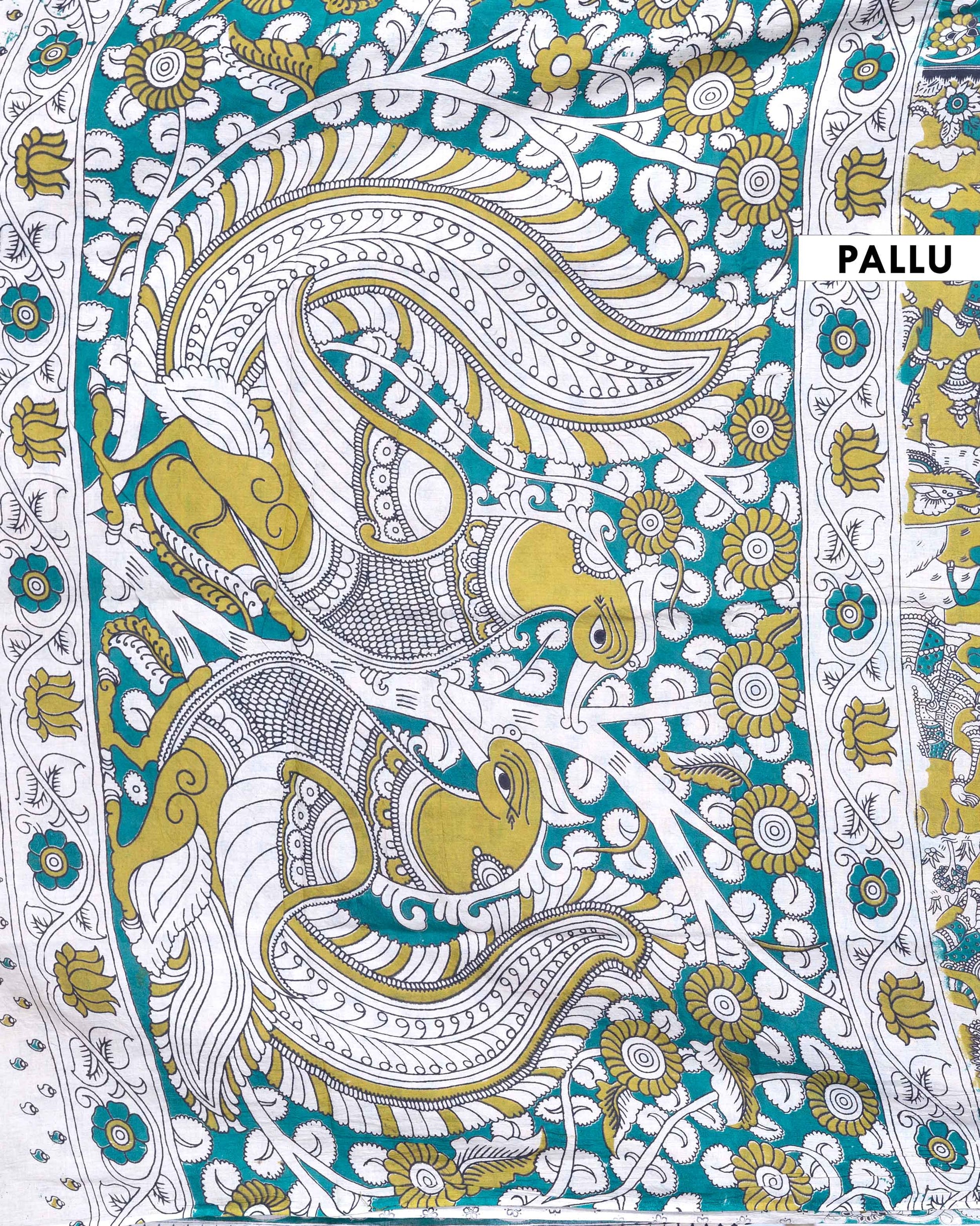 Traditional Handloom Kalamkari Cotton Saree with Intricate Mythological and Tribal Motifs - Green