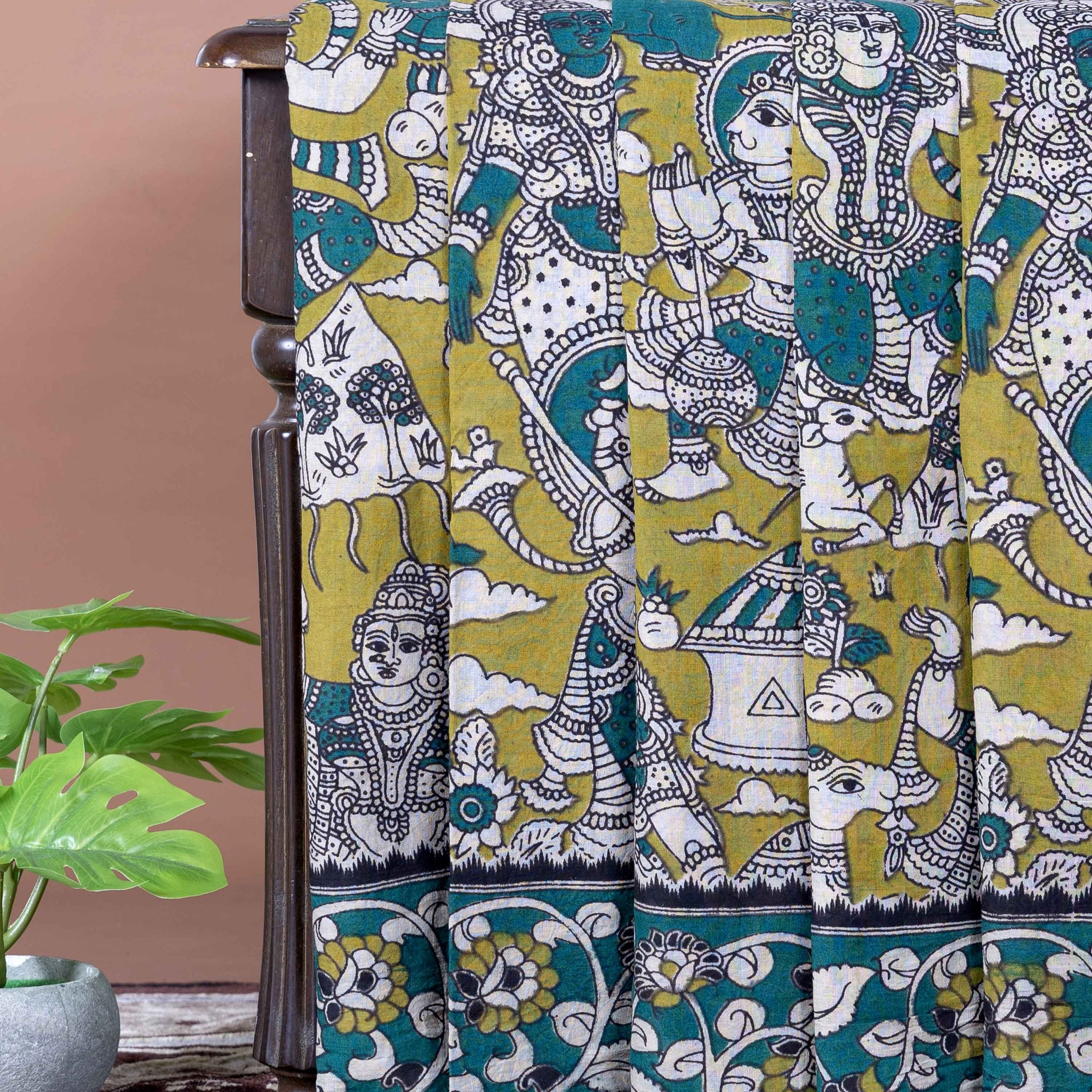 Traditional Handloom Kalamkari Cotton Saree with Intricate Mythological and Tribal Motifs - Green