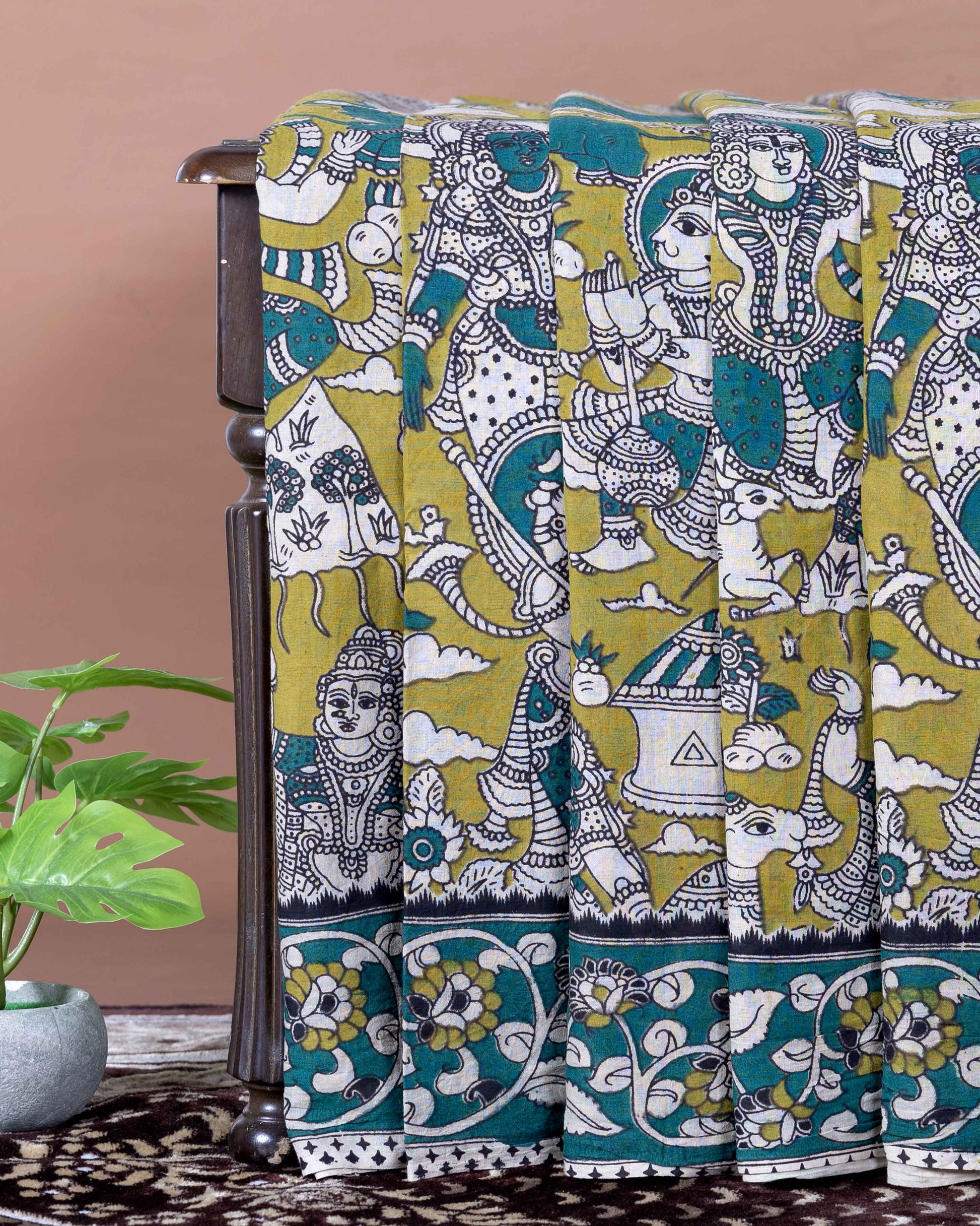 Traditional Handloom Kalamkari Cotton Saree with Intricate Mythological and Tribal Motifs - Green