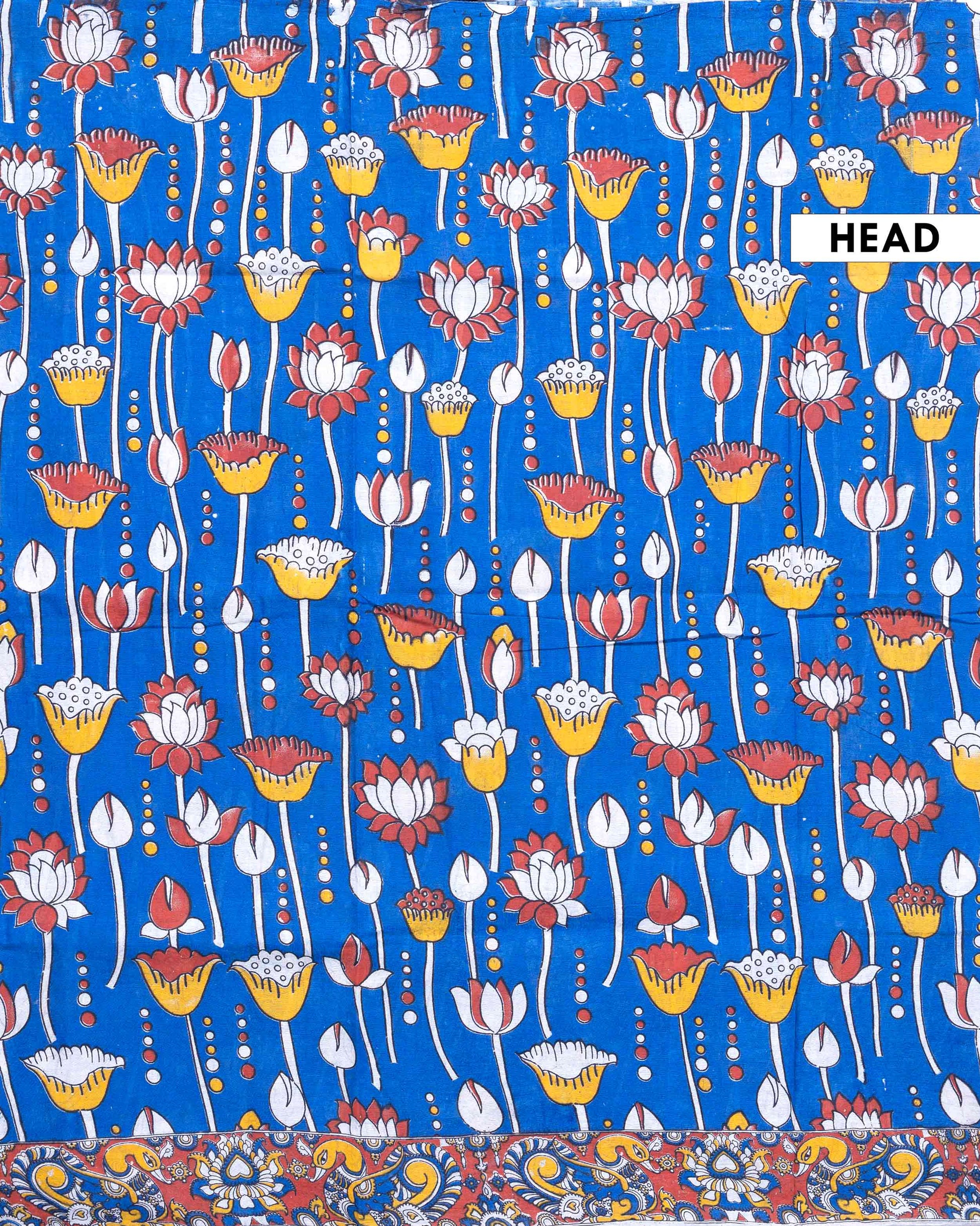 Traditional Handloom Kalamkari Cotton Saree with Lotus Motifs and Ornate Border - Blue