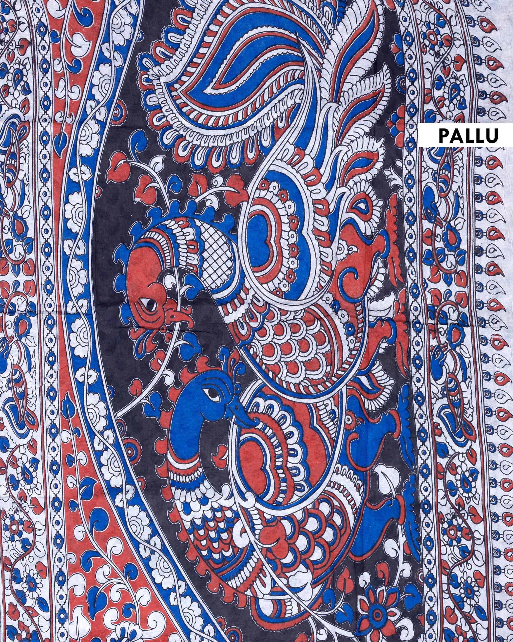 Traditional Handloom Kalamkari Cotton Saree with Lotus Motifs and Ornate Border - Blue