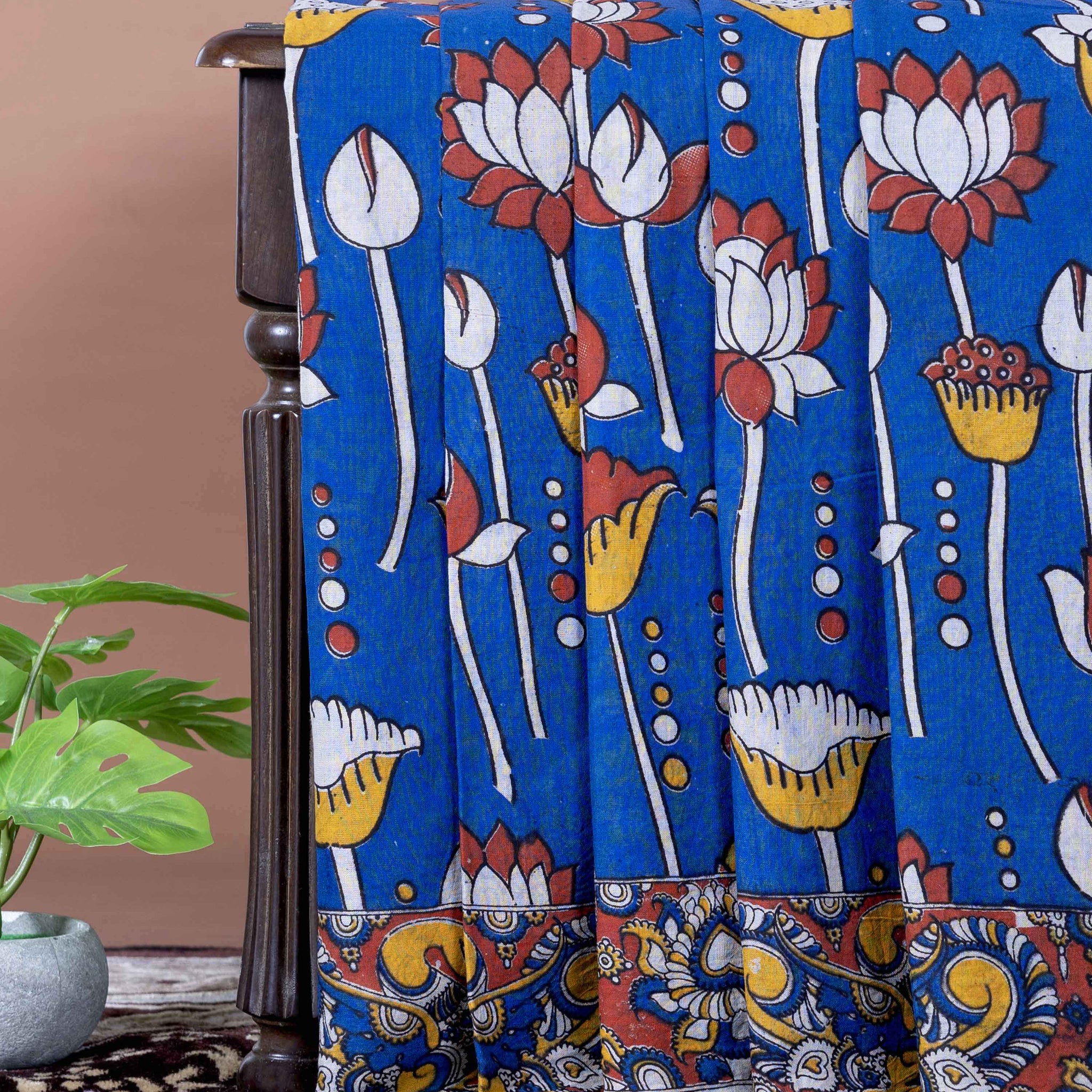 Traditional Handloom Kalamkari Cotton Saree with Lotus Motifs and Ornate Border - Blue