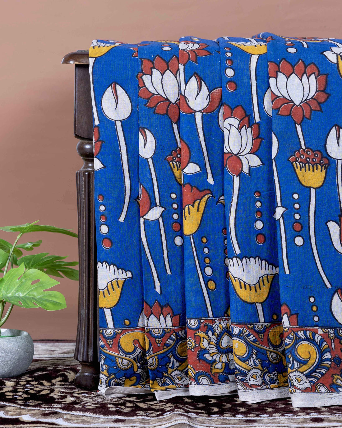 Traditional Handloom Kalamkari Cotton Saree with Lotus Motifs and Ornate Border - Blue