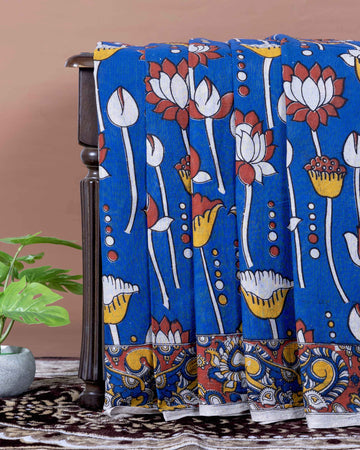 Traditional Handloom Kalamkari Cotton Saree with Lotus Motifs and Ornate Border - Blue