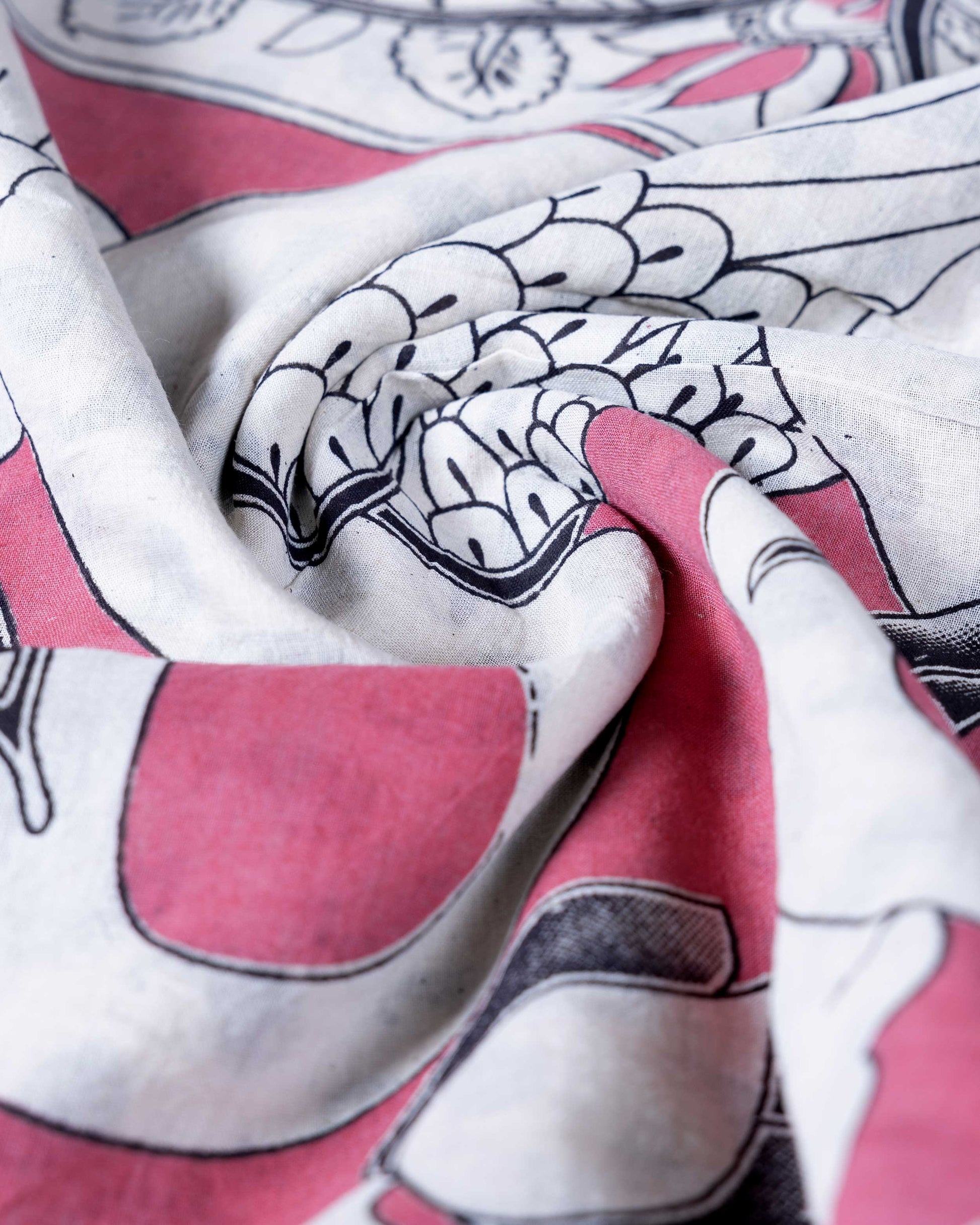 Traditional Handloom Kalamkari Cotton Saree with Mythological Figure and Lotus Motifs - Pink