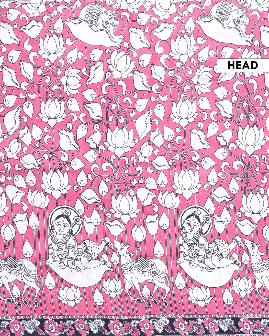 Traditional Handloom Kalamkari Cotton Saree with Mythological Figure and Lotus Motifs - Pink