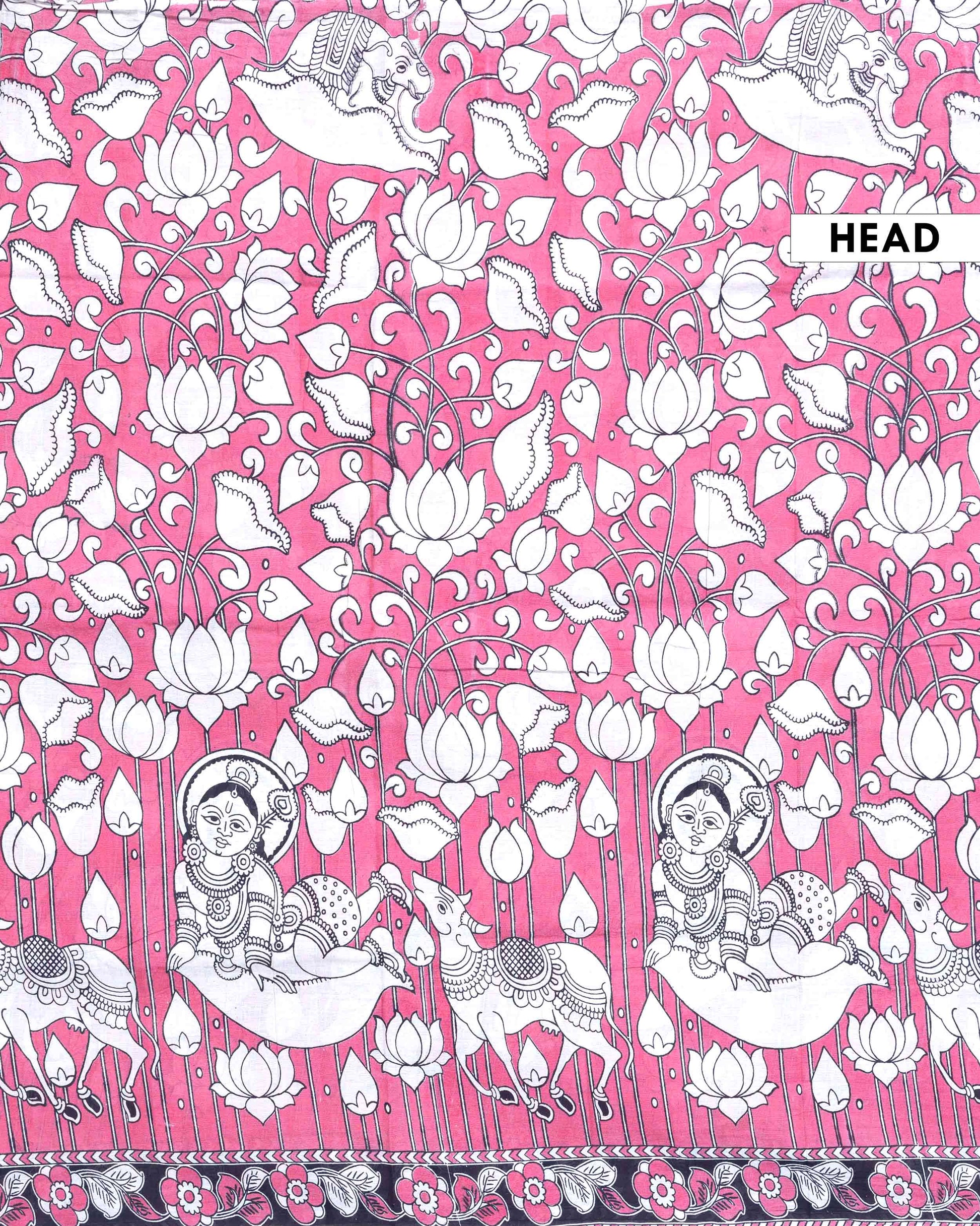 Traditional Handloom Kalamkari Cotton Saree with Mythological Figure and Lotus Motifs - Pink