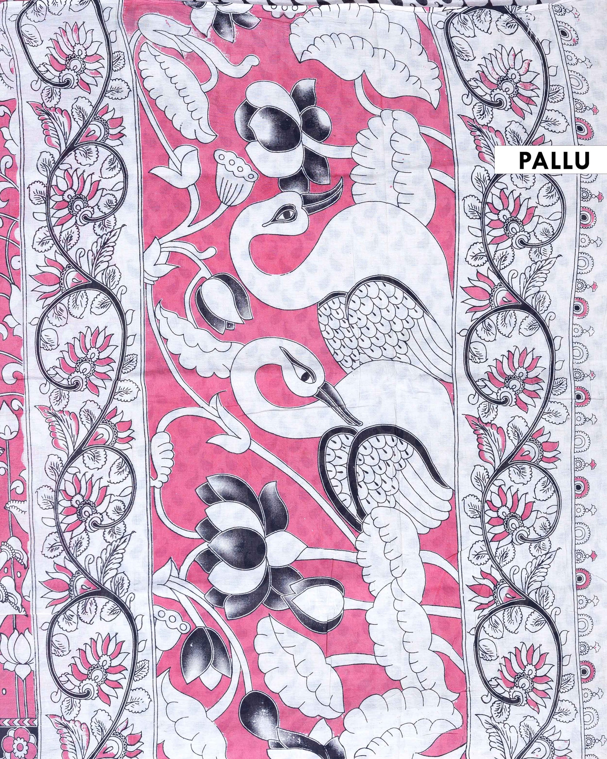 Traditional Handloom Kalamkari Cotton Saree with Mythological Figure and Lotus Motifs - Pink