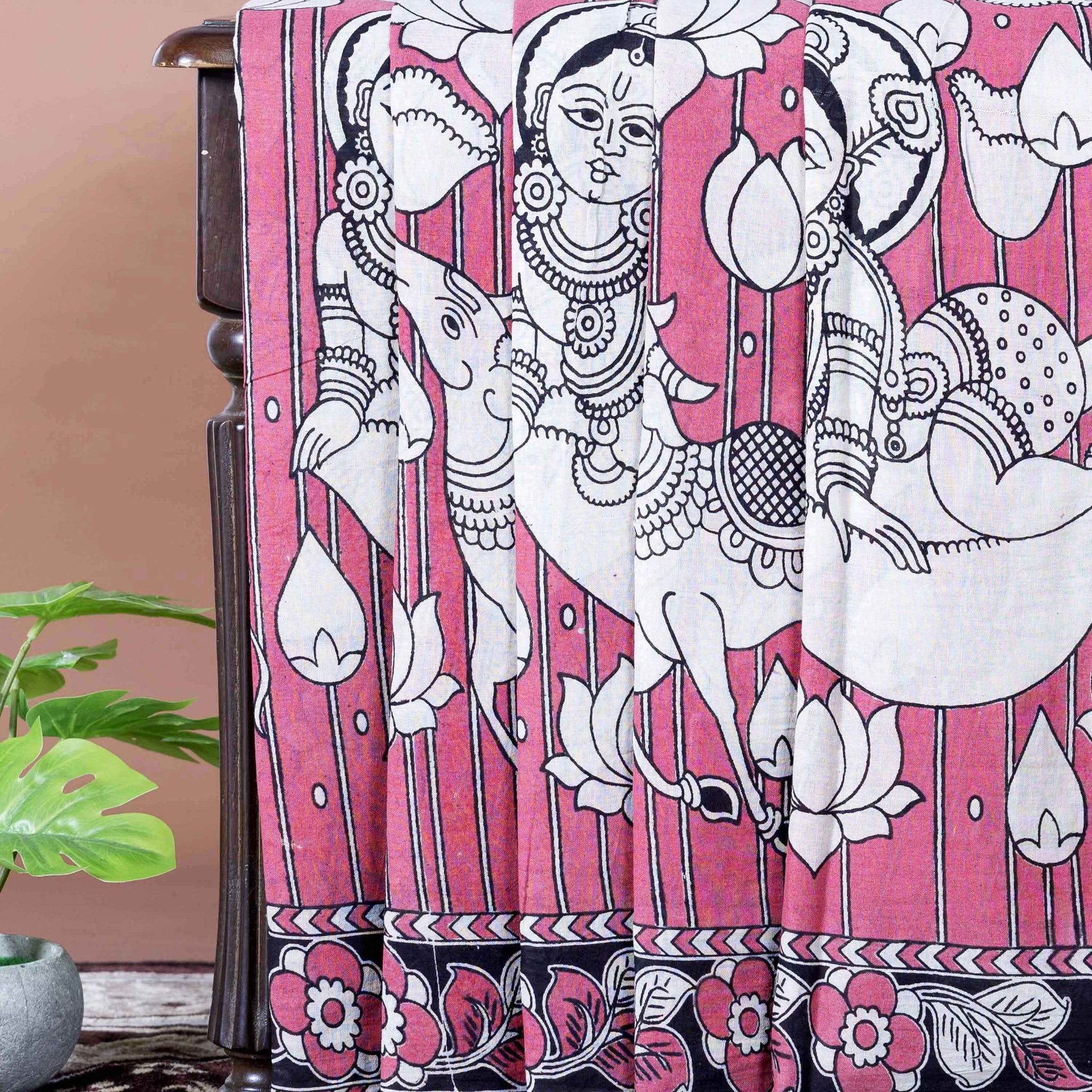 Traditional Handloom Kalamkari Cotton Saree with Mythological Figure and Lotus Motifs - Pink