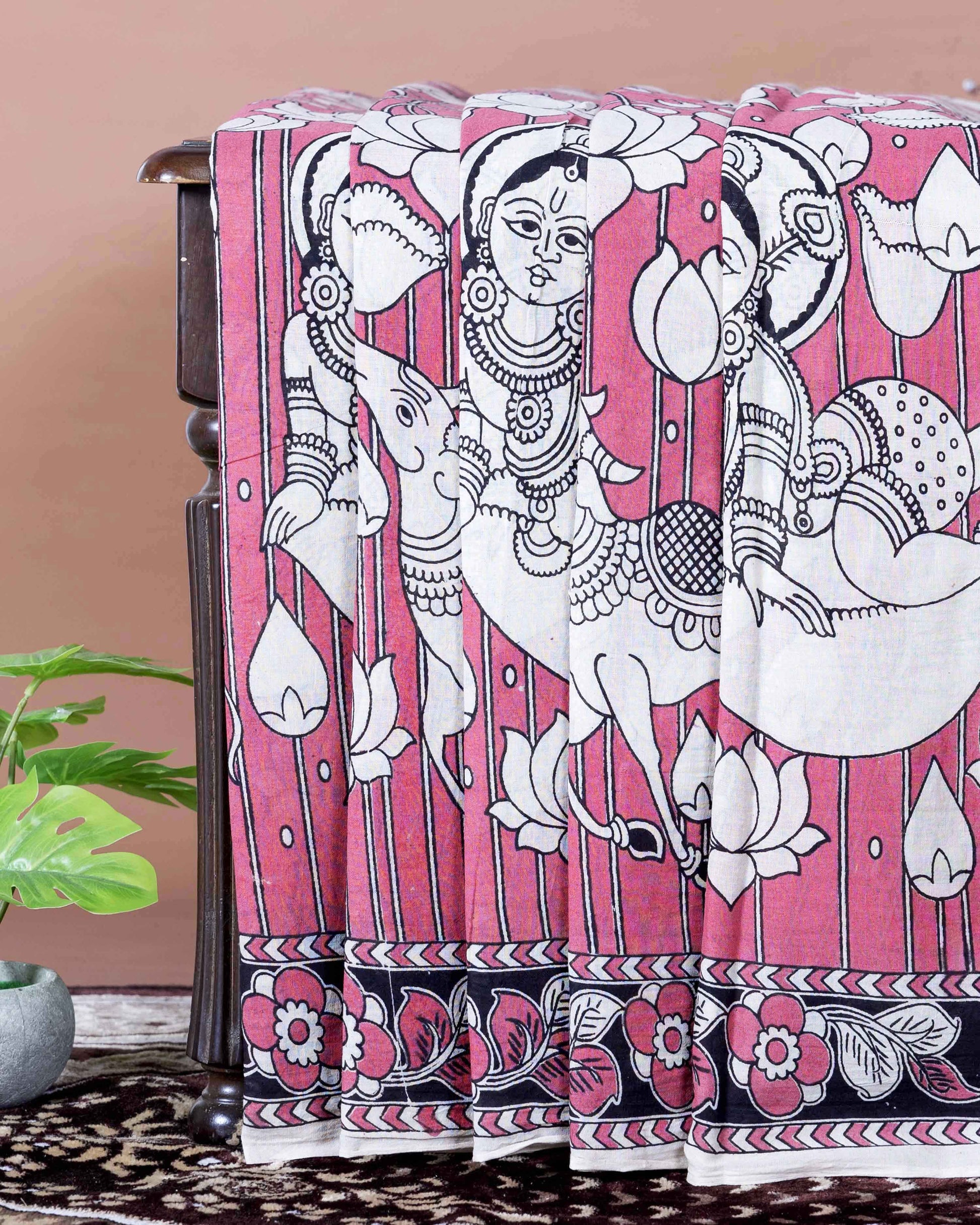 Traditional Handloom Kalamkari Cotton Saree with Mythological Figure and Lotus Motifs - Pink