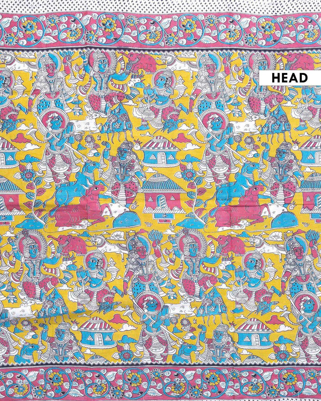 Traditional Handloom Kalamkari Cotton Saree with Mythological Motifs - Yellow