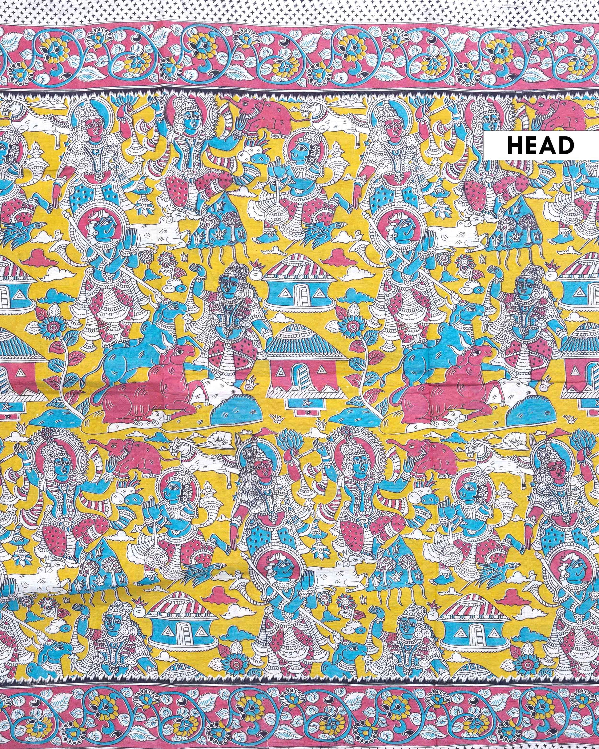 Traditional Handloom Kalamkari Cotton Saree with Mythological Motifs - Yellow