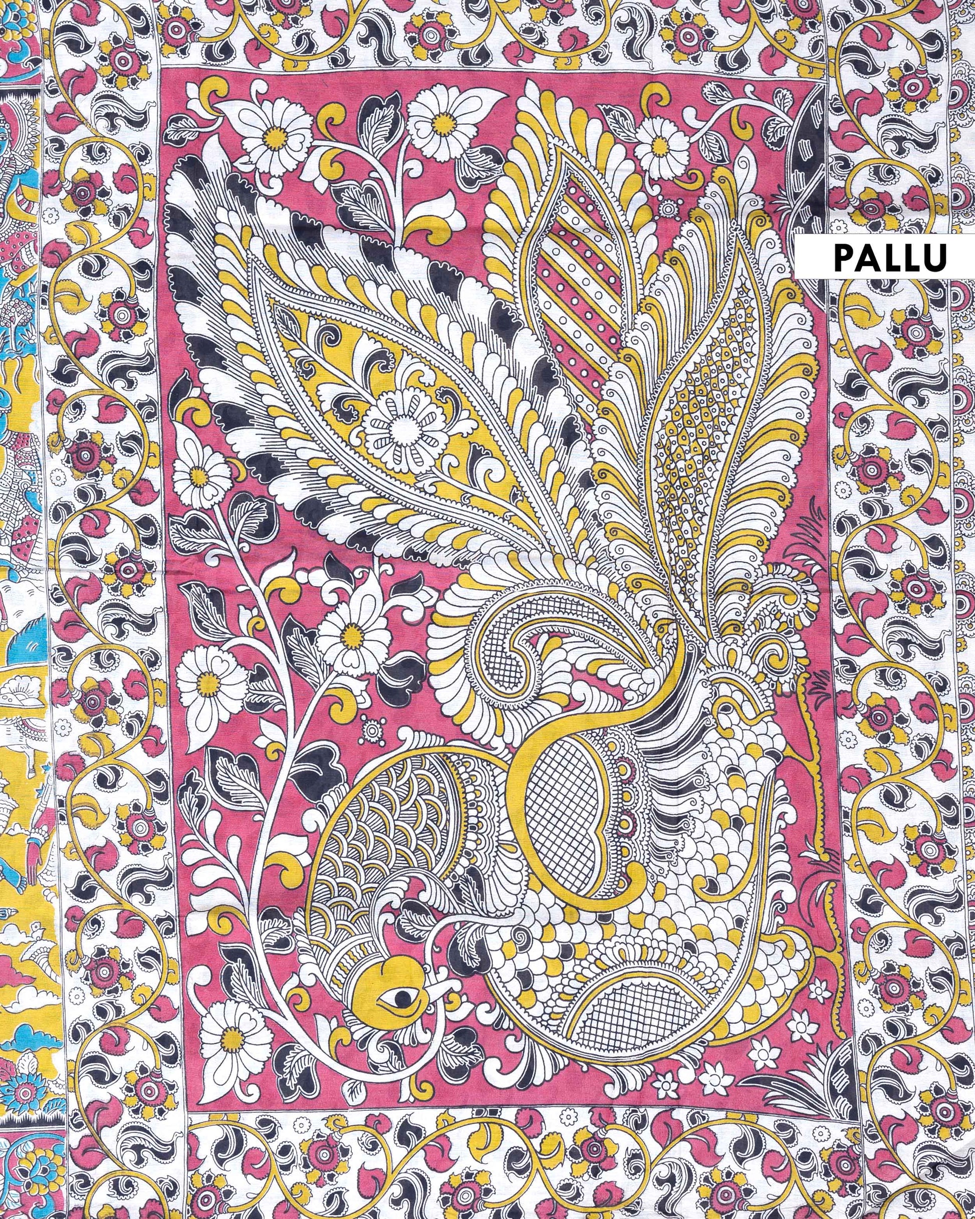 Traditional Handloom Kalamkari Cotton Saree with Mythological Motifs - Yellow