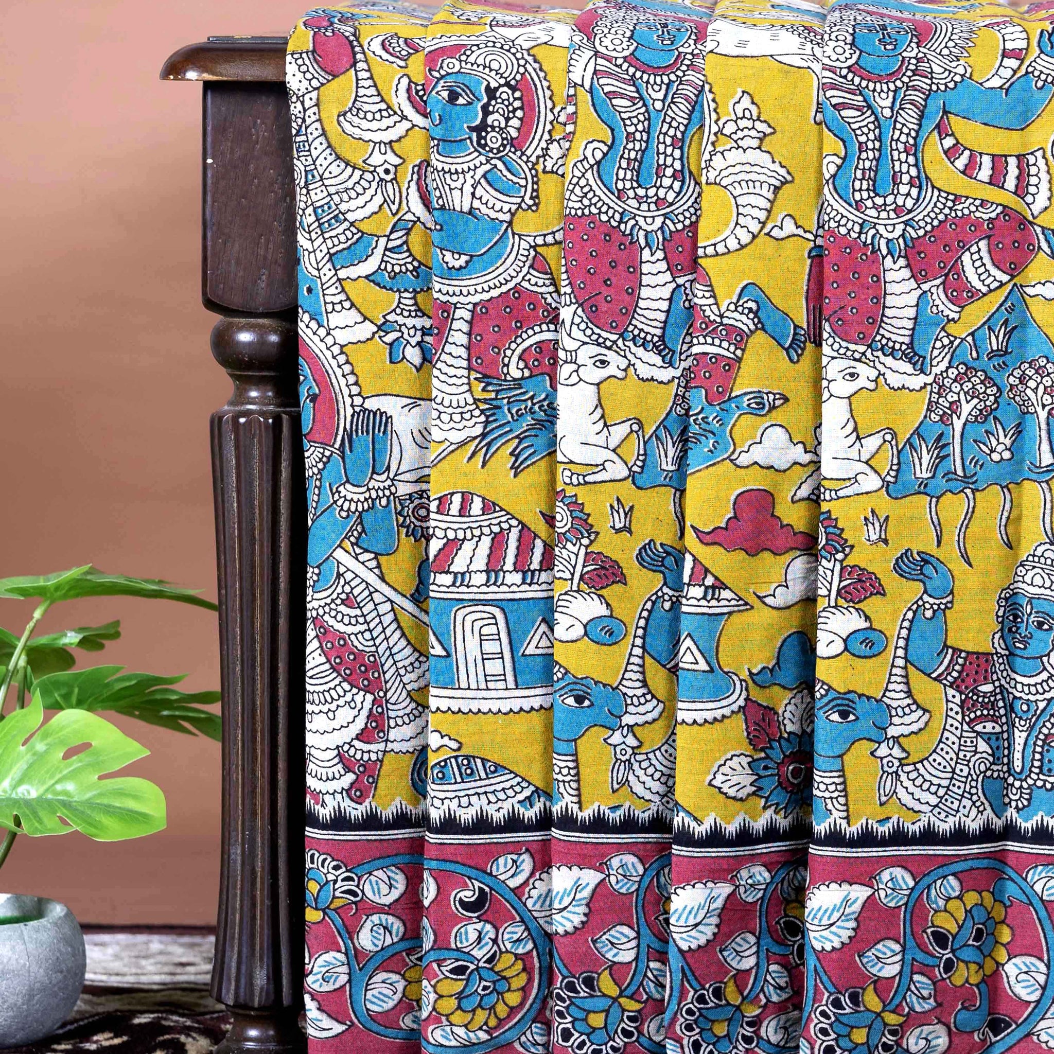 Traditional Handloom Kalamkari Cotton Saree with Mythological Motifs - Yellow