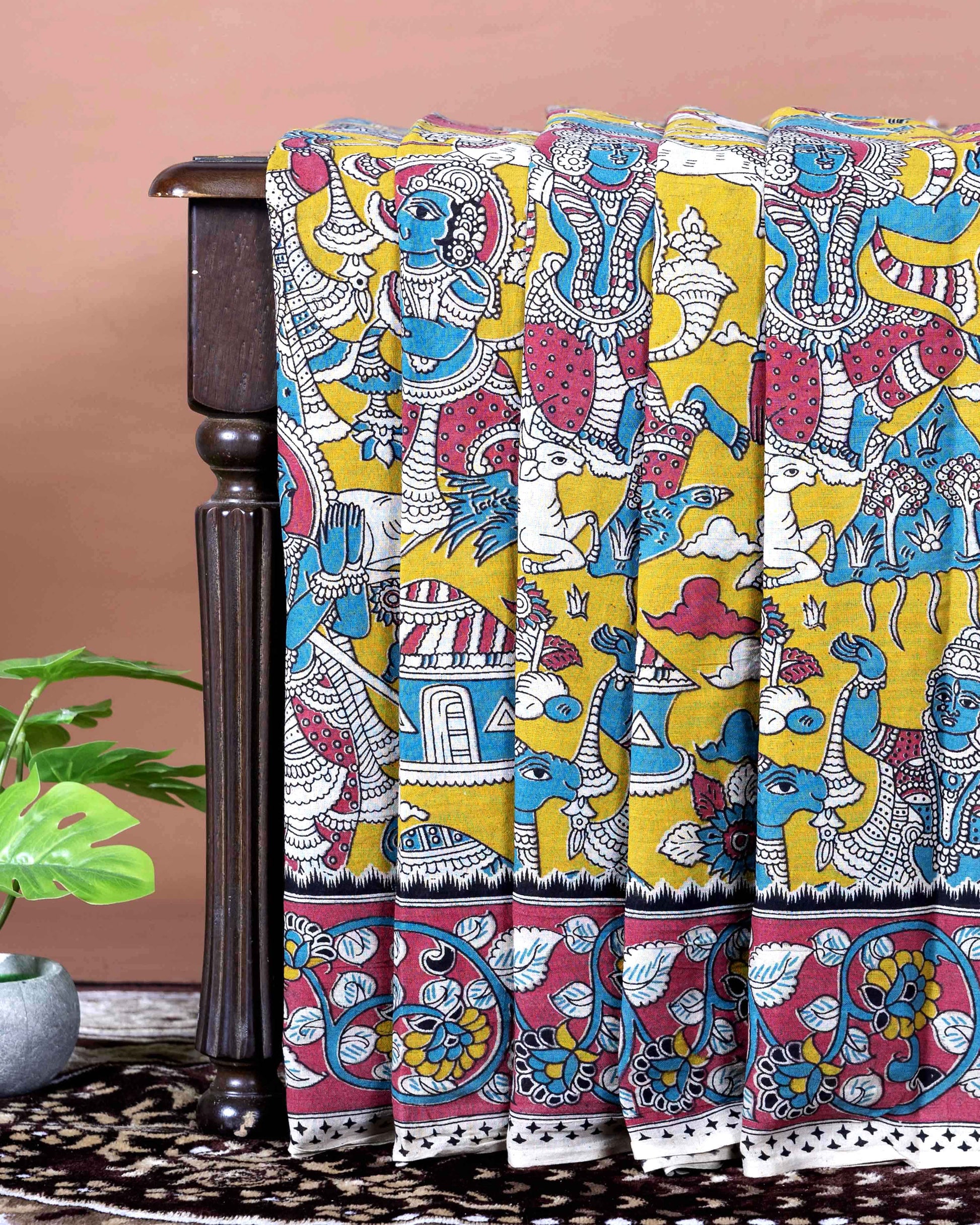 Traditional Handloom Kalamkari Cotton Saree with Mythological Motifs - Yellow