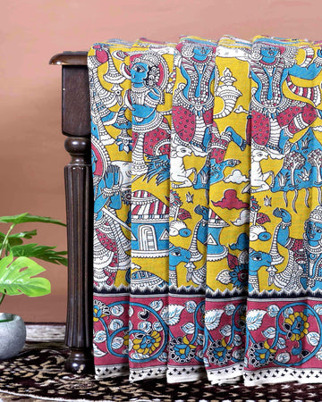 Traditional Handloom Kalamkari Cotton Saree with Mythological Motifs - Yellow