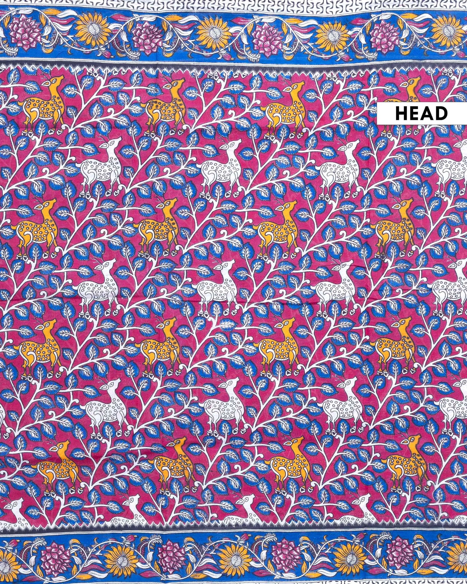 Traditional Handloom Kalamkari Cotton Saree with Nature and Wildlife Pattern - Dark Pink