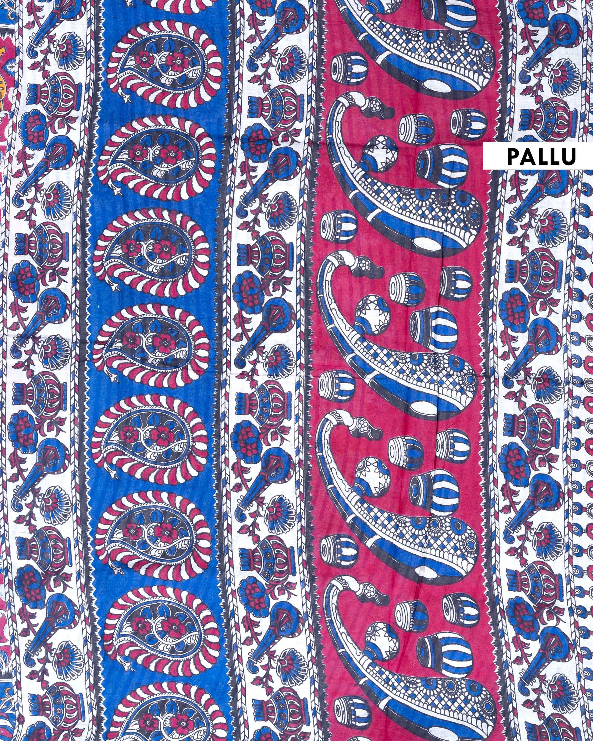 Traditional Handloom Kalamkari Cotton Saree with Nature and Wildlife Pattern - Dark Pink