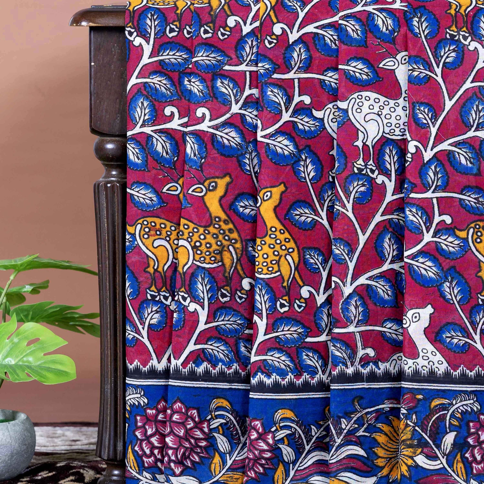 Traditional Handloom Kalamkari Cotton Saree with Nature and Wildlife Pattern - Dark Pink