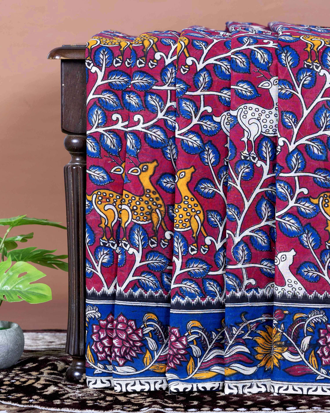 Traditional Handloom Kalamkari Cotton Saree with Nature and Wildlife Pattern - Dark Pink