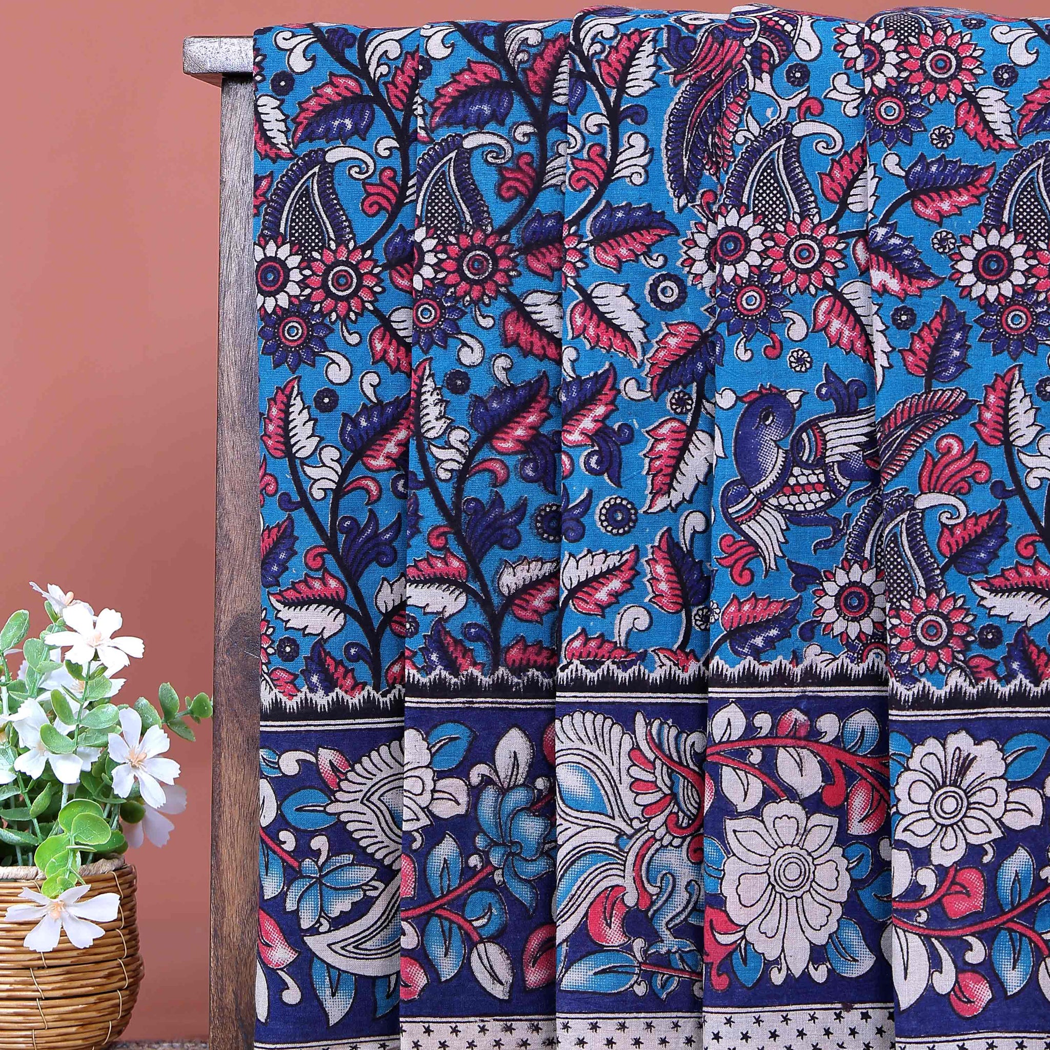 Traditional Handloom Kalamkari Cotton Saree with Paisley and Floral Designs - Blue