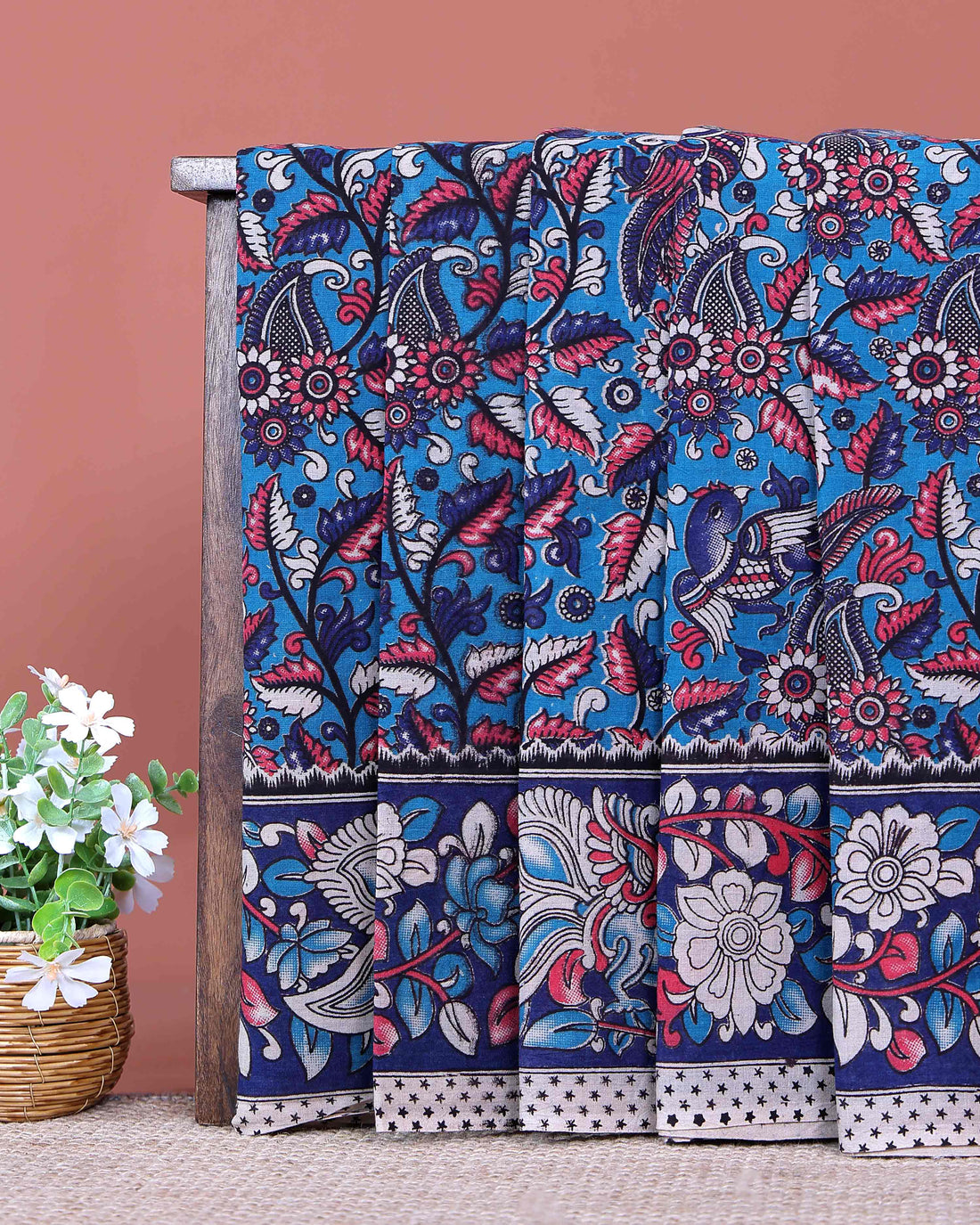 Traditional Handloom Kalamkari Cotton Saree with Paisley and Floral Designs - Blue