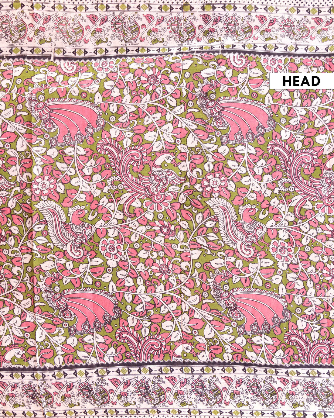 Traditional Handloom Kalamkari Cotton Saree with Peacock and Floral Motifs - Green