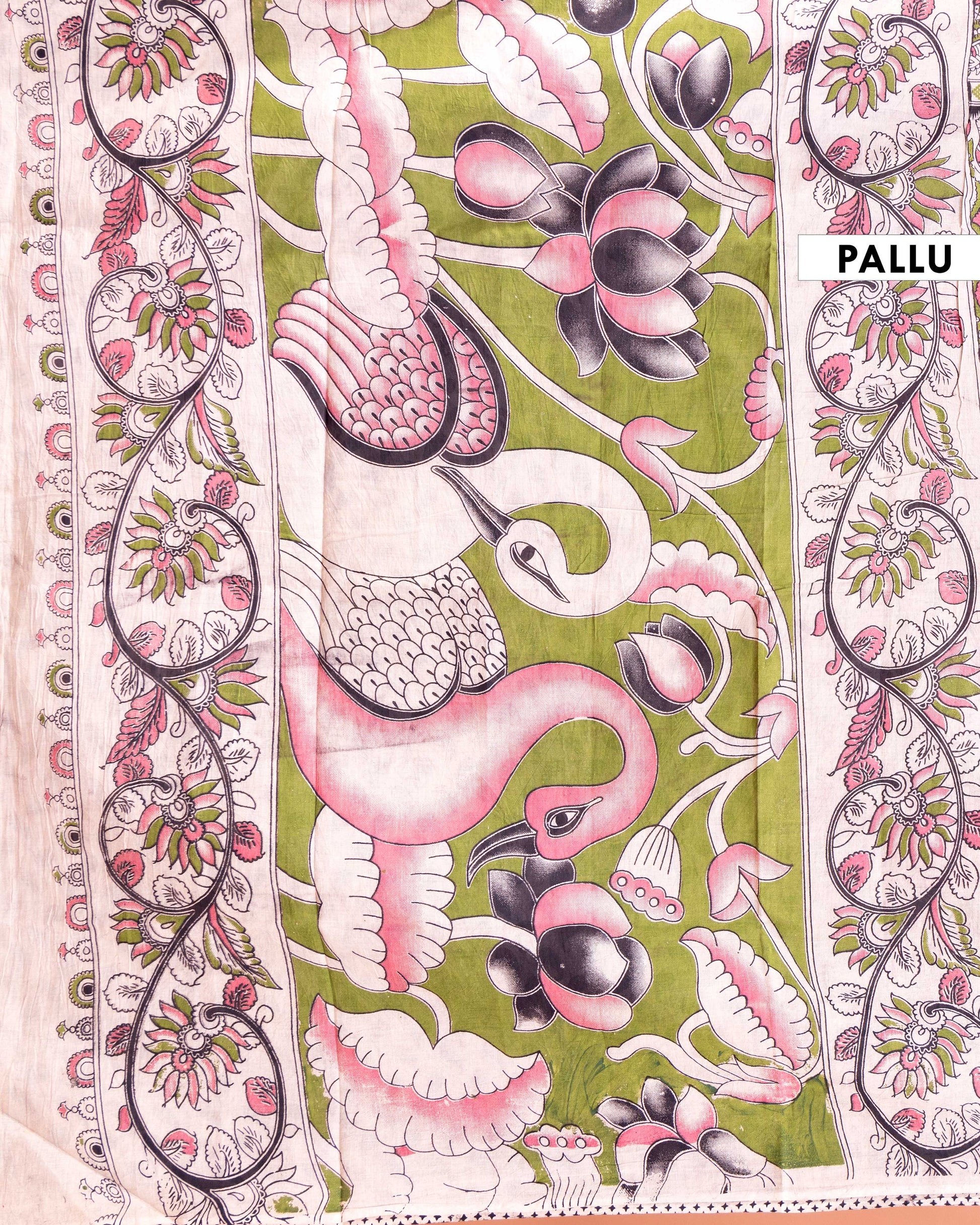 Traditional Handloom Kalamkari Cotton Saree with Peacock and Floral Motifs - Green