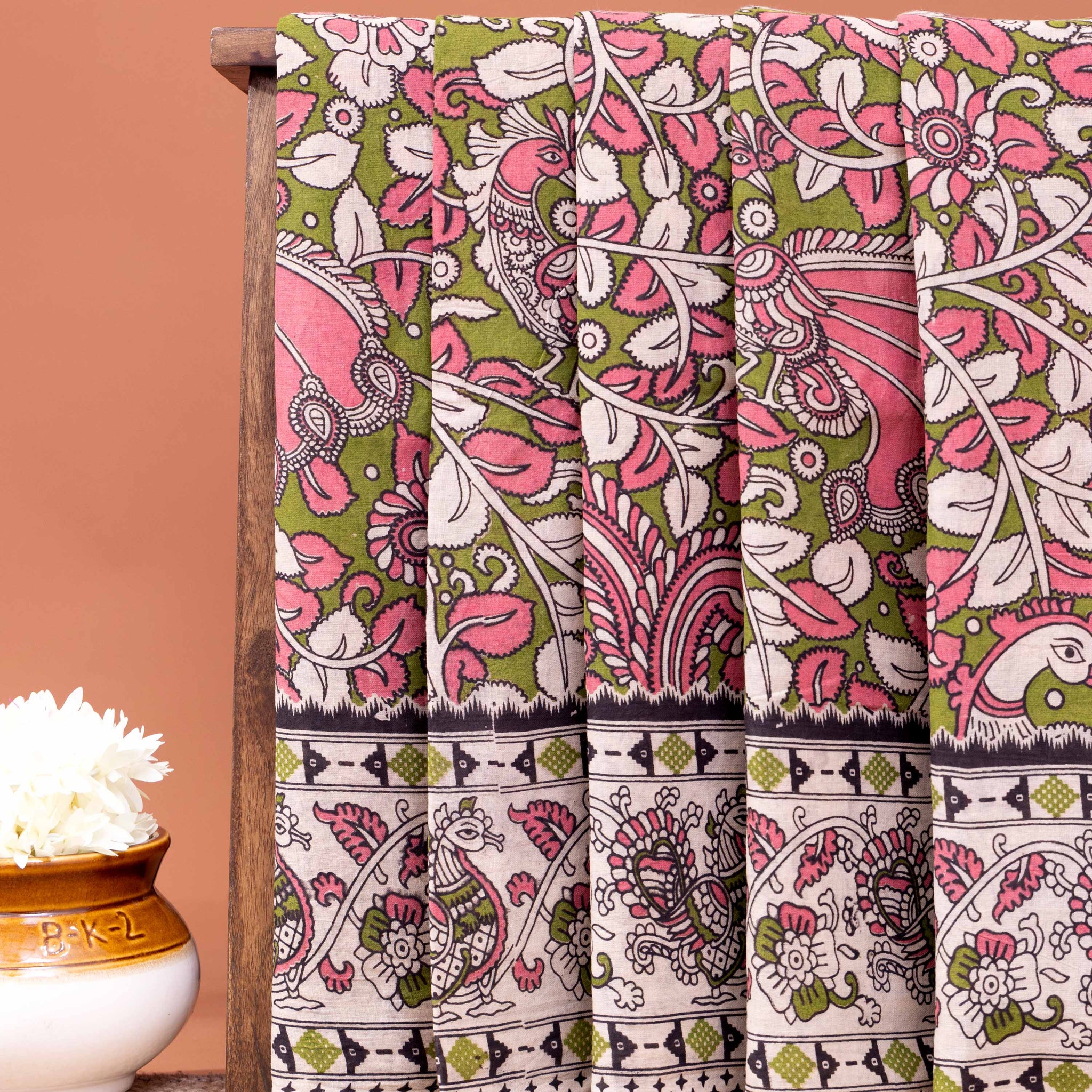 Traditional Handloom Kalamkari Cotton Saree with Peacock and Floral Motifs - Green