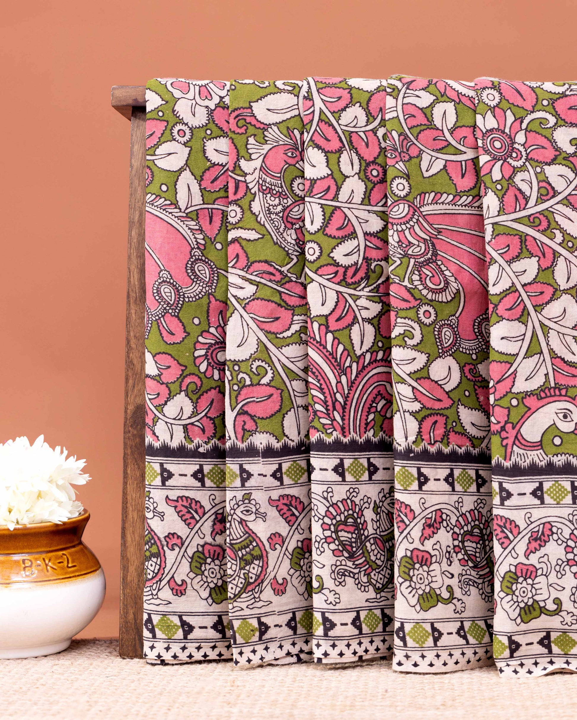 Traditional Handloom Kalamkari Cotton Saree with Peacock and Floral Motifs - Green