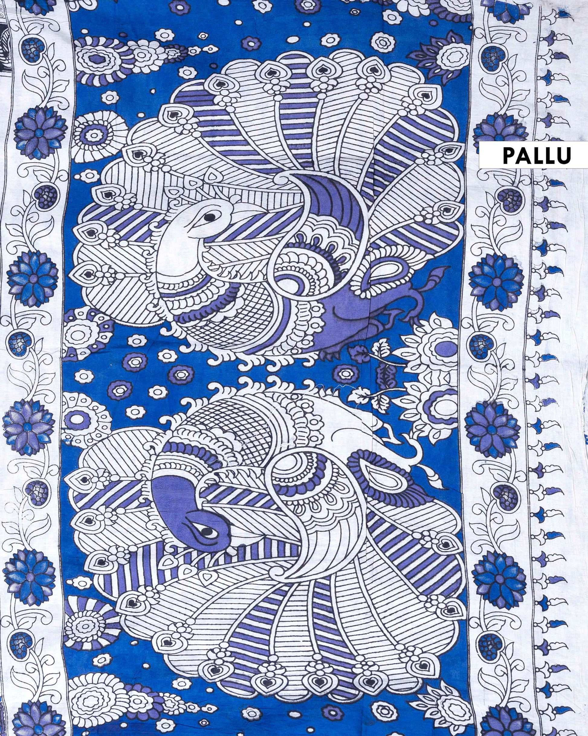 Traditional Handloom Kalamkari Cotton Saree with Peacock and Floral Motifs - Off White