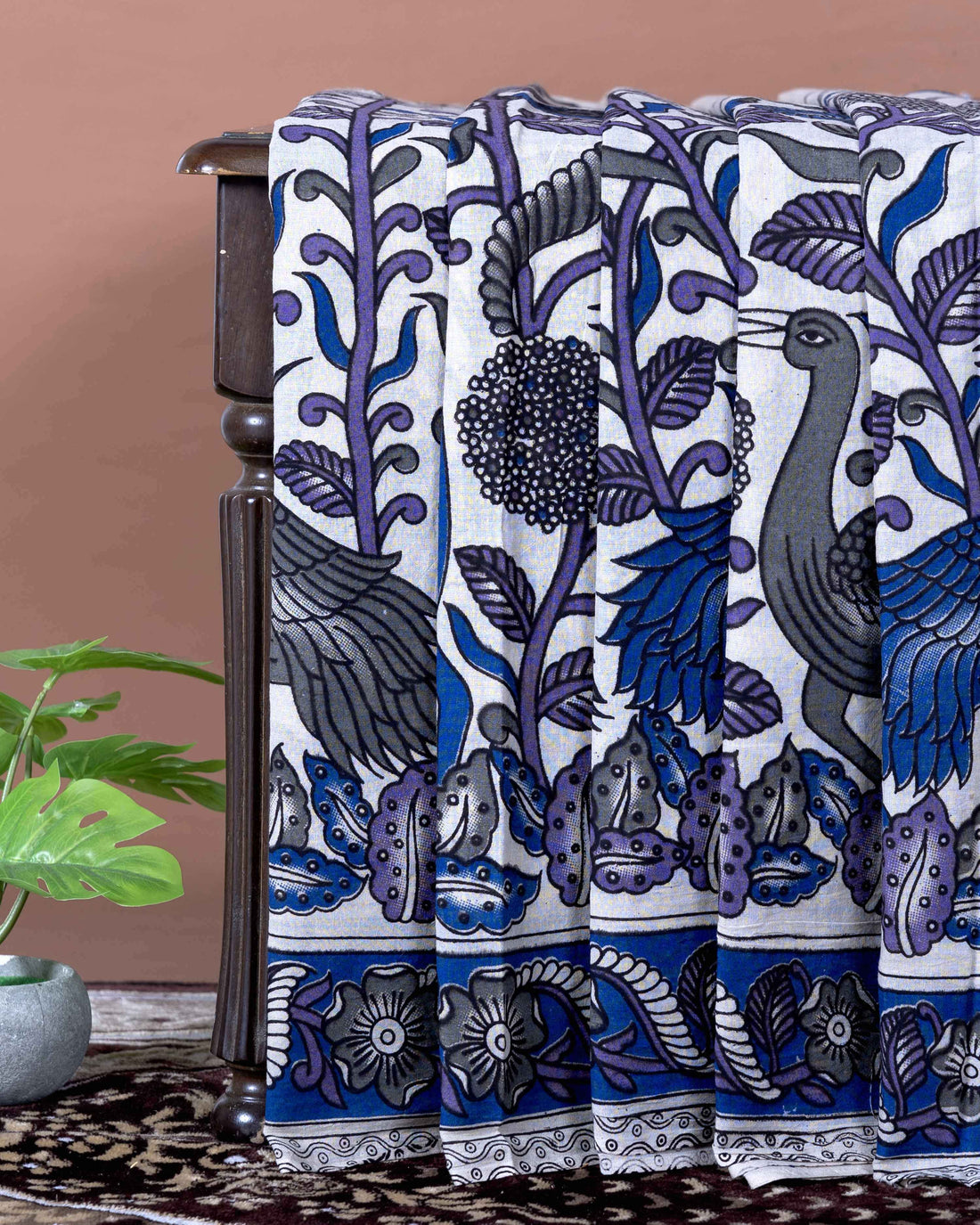 Traditional Handloom Kalamkari Cotton Saree with Peacock and Floral Motifs - Off White