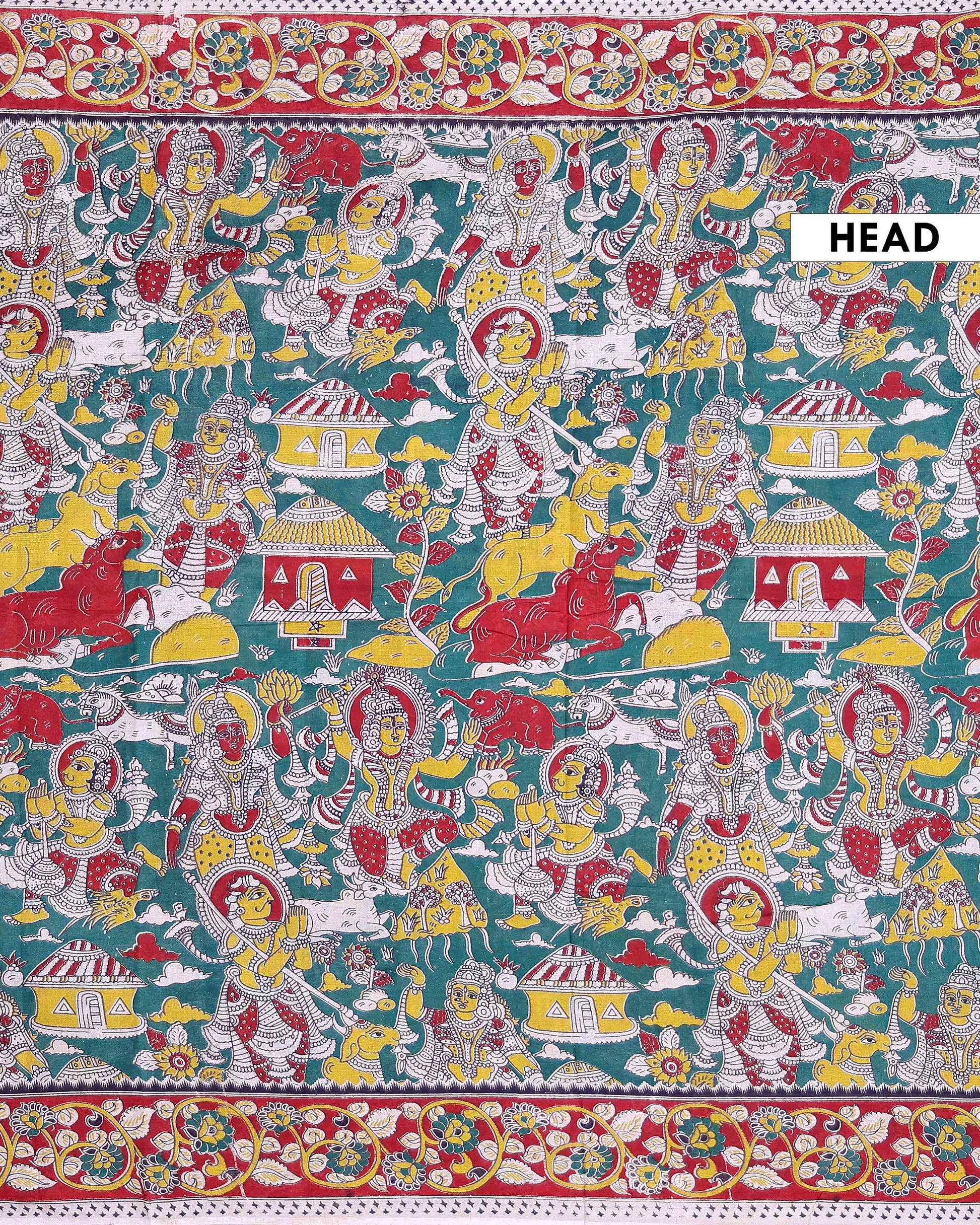 Traditional Handloom Kalamkari Cotton Saree with Traditional Artwork and Floral Motifs - Green