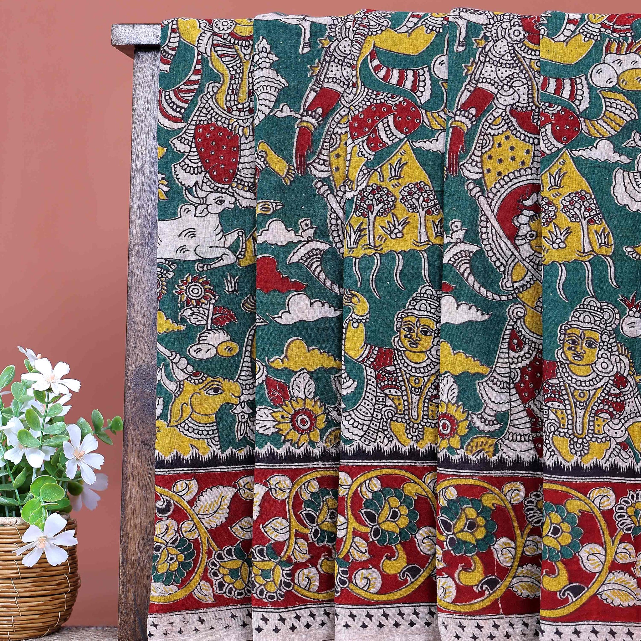 Traditional Handloom Kalamkari Cotton Saree with Traditional Artwork and Floral Motifs - Green