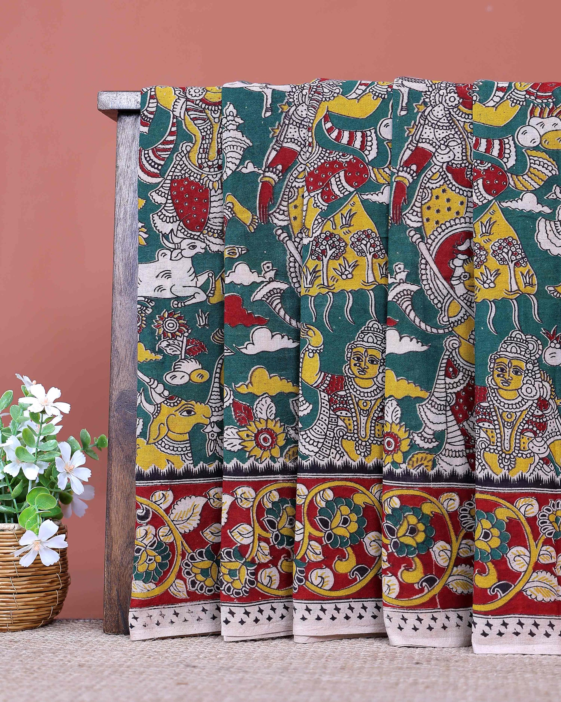 Traditional Handloom Kalamkari Cotton Saree with Traditional Artwork and Floral Motifs - Green