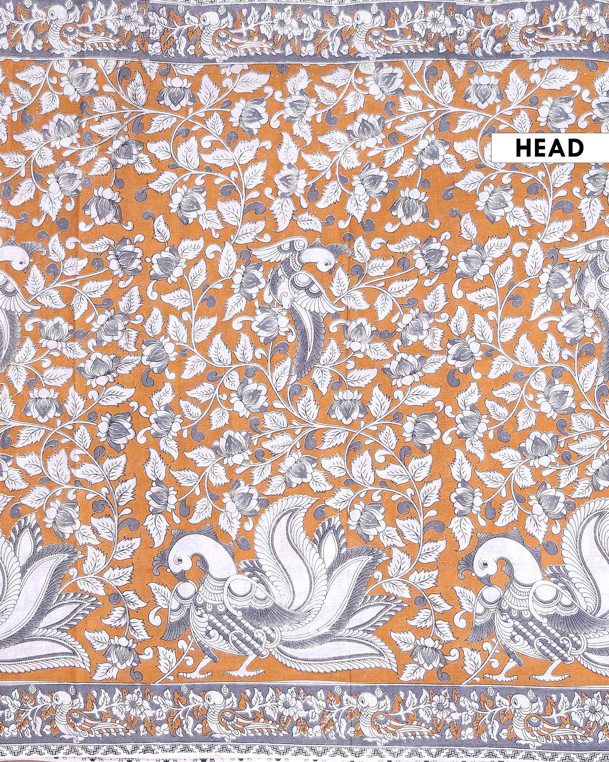 Traditional Handloom Kalamkari Cotton Saree with Traditional Avian and Floral Motifs - Brown