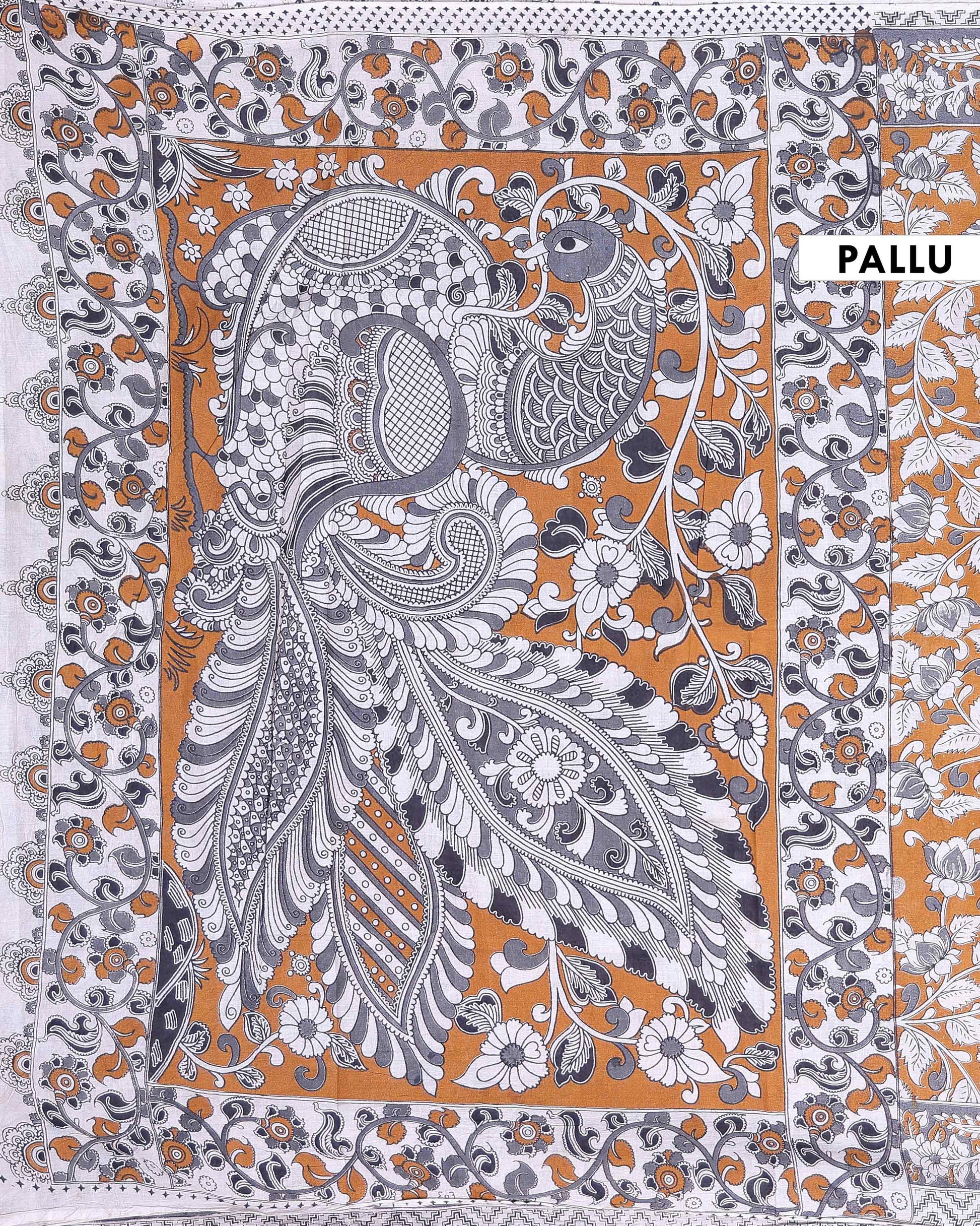 Traditional Handloom Kalamkari Cotton Saree with Traditional Avian and Floral Motifs - Brown