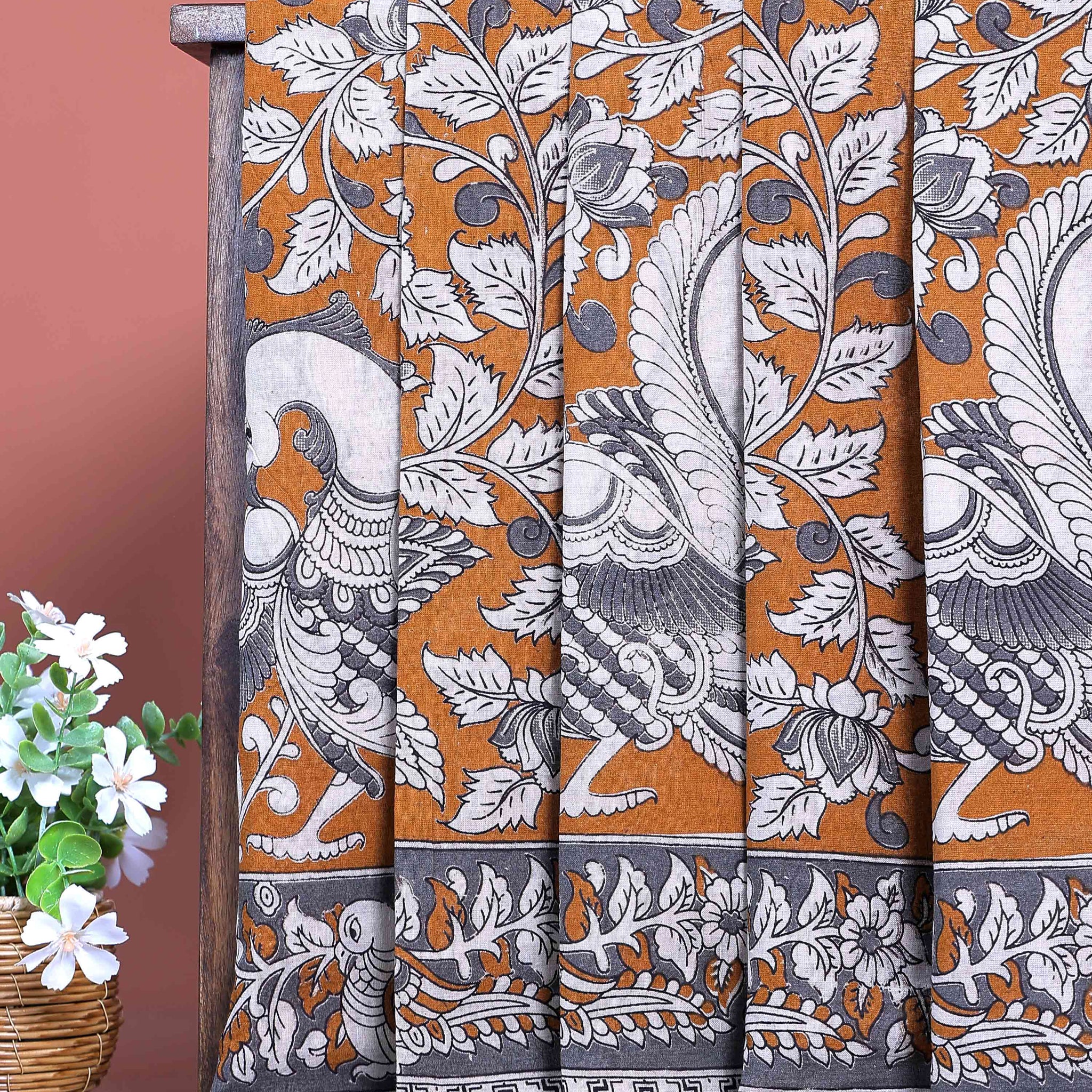 Traditional Handloom Kalamkari Cotton Saree with Traditional Avian and Floral Motifs - Brown